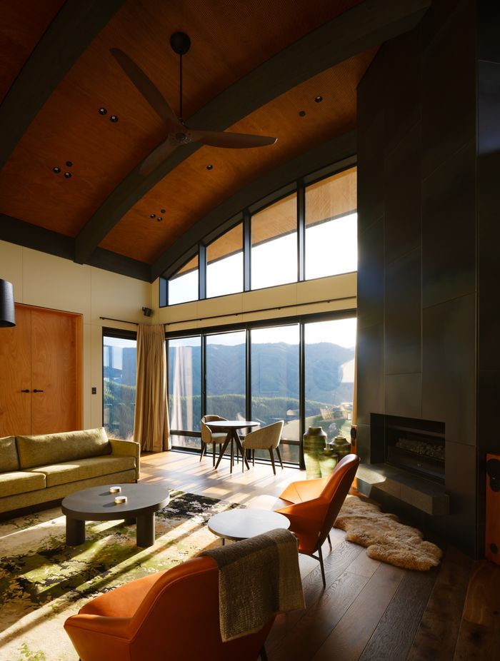 A lounge in one of the suites. “The clients are big on music. So they get the guitars out, and the acoustic ceilings help with the performance of those spaces, which was really important to them. It’s again quite different from most other buildings.”