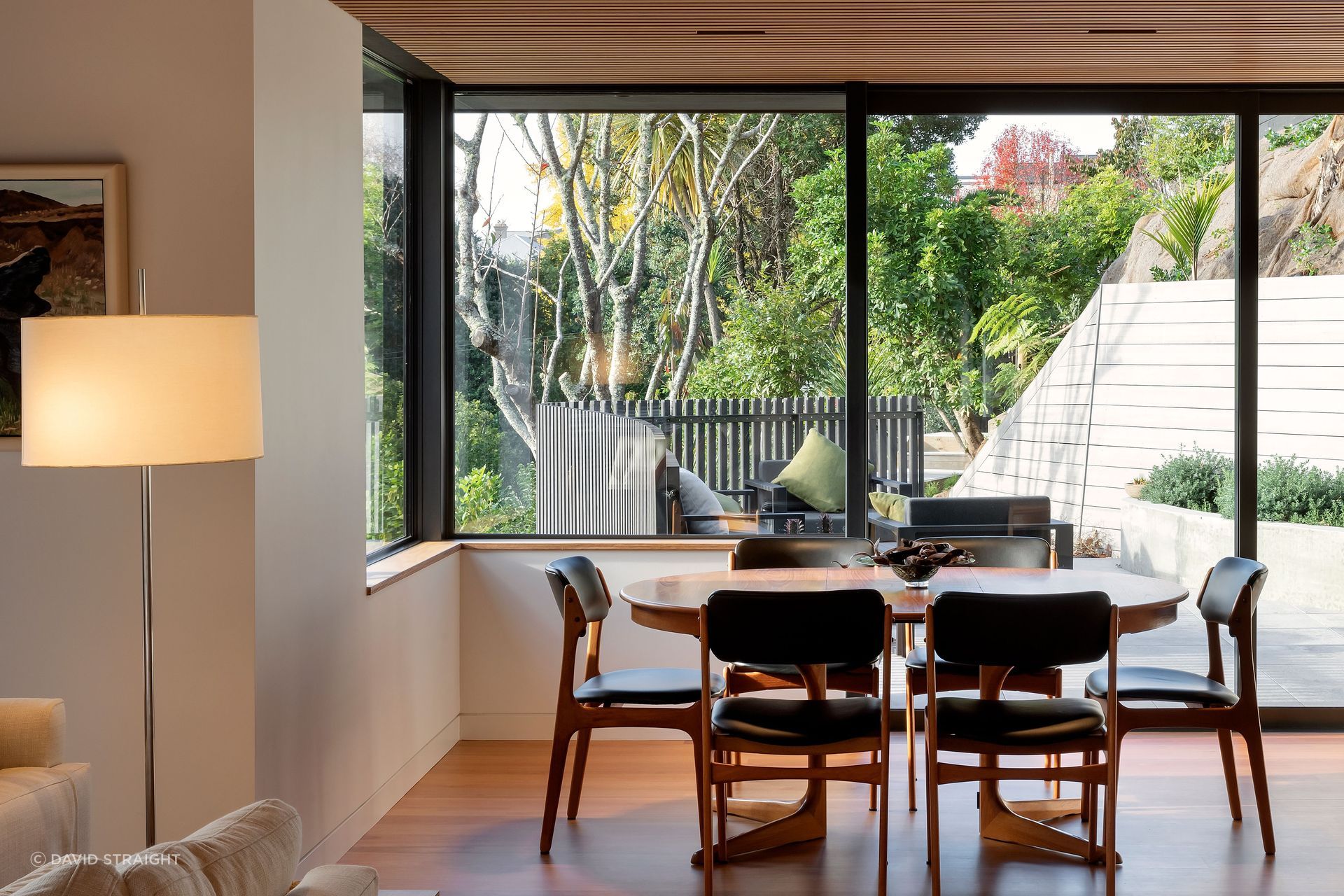 The dining area opens to the morning terrace. Hamish took care to proportion the main living space so it didn’t feel uncomfortably large. “We were wanting to define the various areas really well, and create connections with view lines to the outside.”