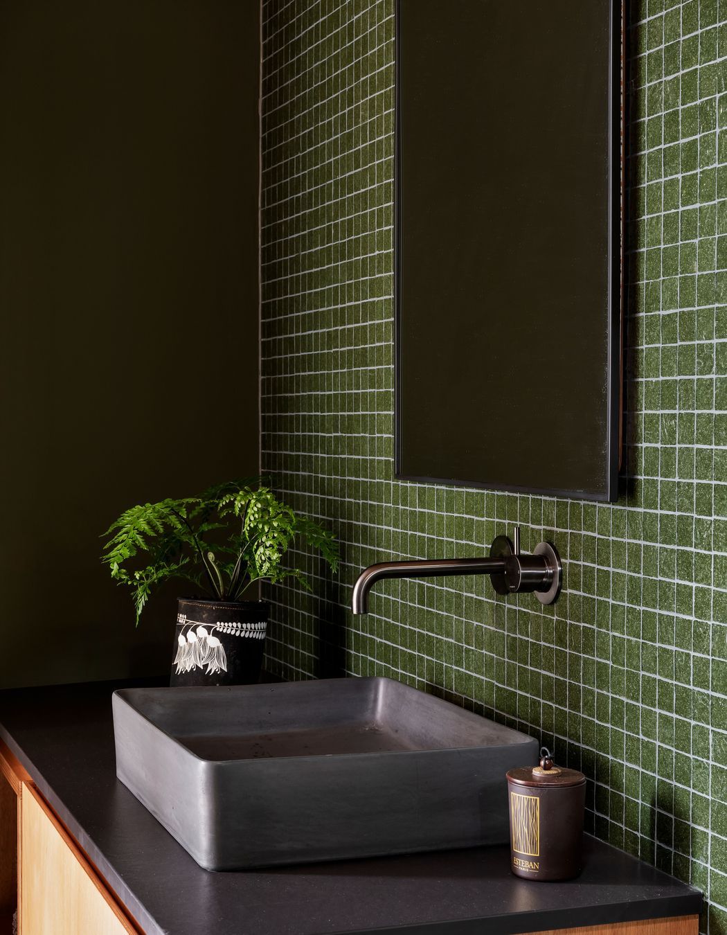 The Buddy wall mount mixer and Lux vessel basin by Concrete Nation are from Plumbline.