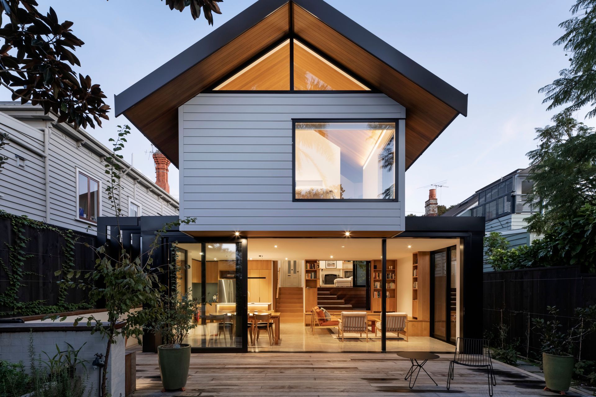 A new addition enhanced this character villa in Auckland’s Ponsonby. “Characteristic of the area, there was little space between neighbouring properties so we had to be careful to enhance light and views while maintaining privacy as much as possible,” says Jonathan Smith of Matter Architects. “The site runs from the street longways to the north and is beautifully positioned over the top of a natural valley.” To tie the addition to the original villa, similar materials were used, such as the horizontal weatherboards. “We used negative detailing that replicated corner mouldings but in a more modern way.”