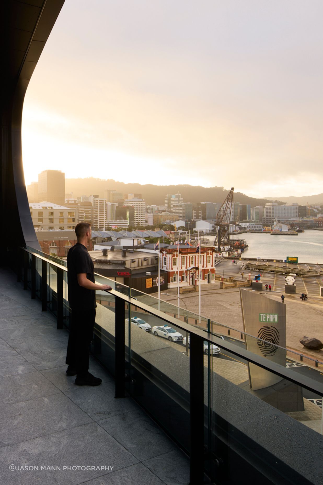 The expansive outlook from an elevated terrace across Wellington's waterfront.