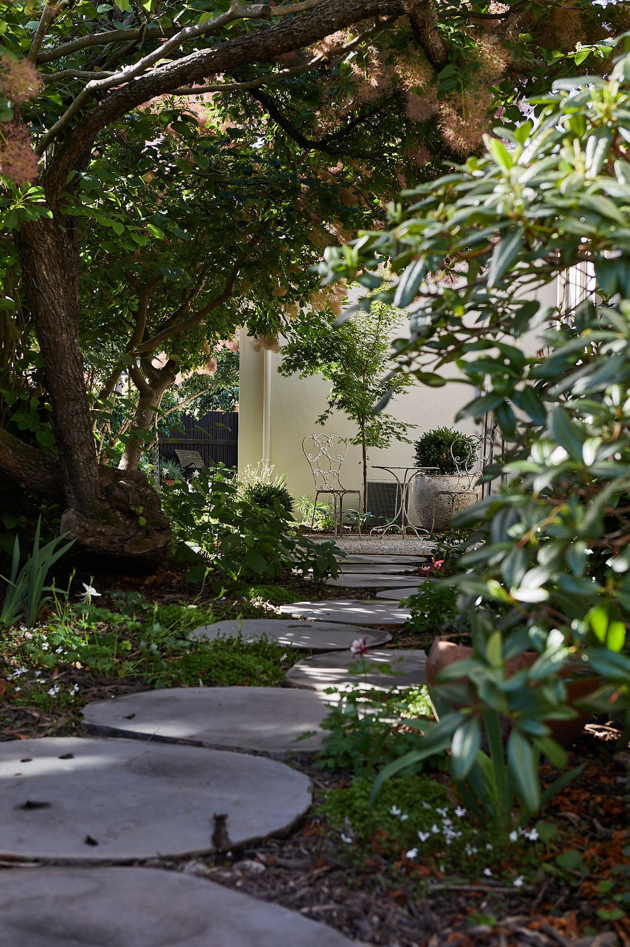 Multiple elements of the landscaping contribute to the Mediterranean feel.
