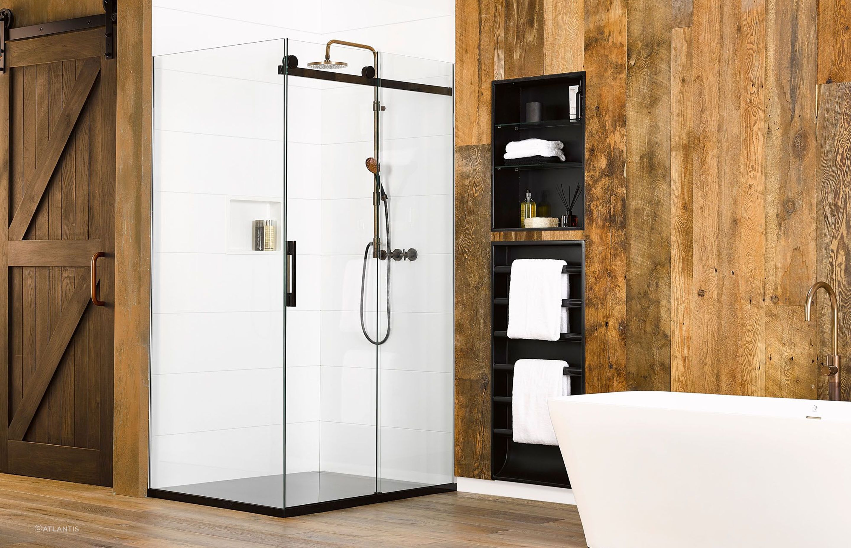 Shower and bath, side by side, featuring the The Ebony &amp; Ivory Renaissance Collection
