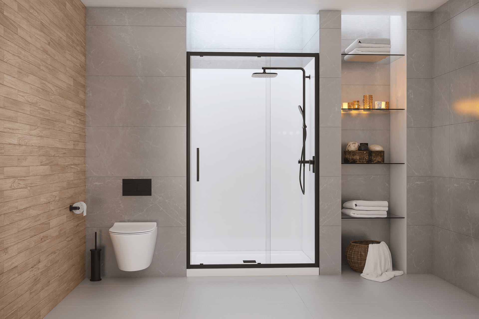 The European minimalist design of Evolve features a smooth flat profile tray, integrated square waste and premium fittings for a luxurious shower experience