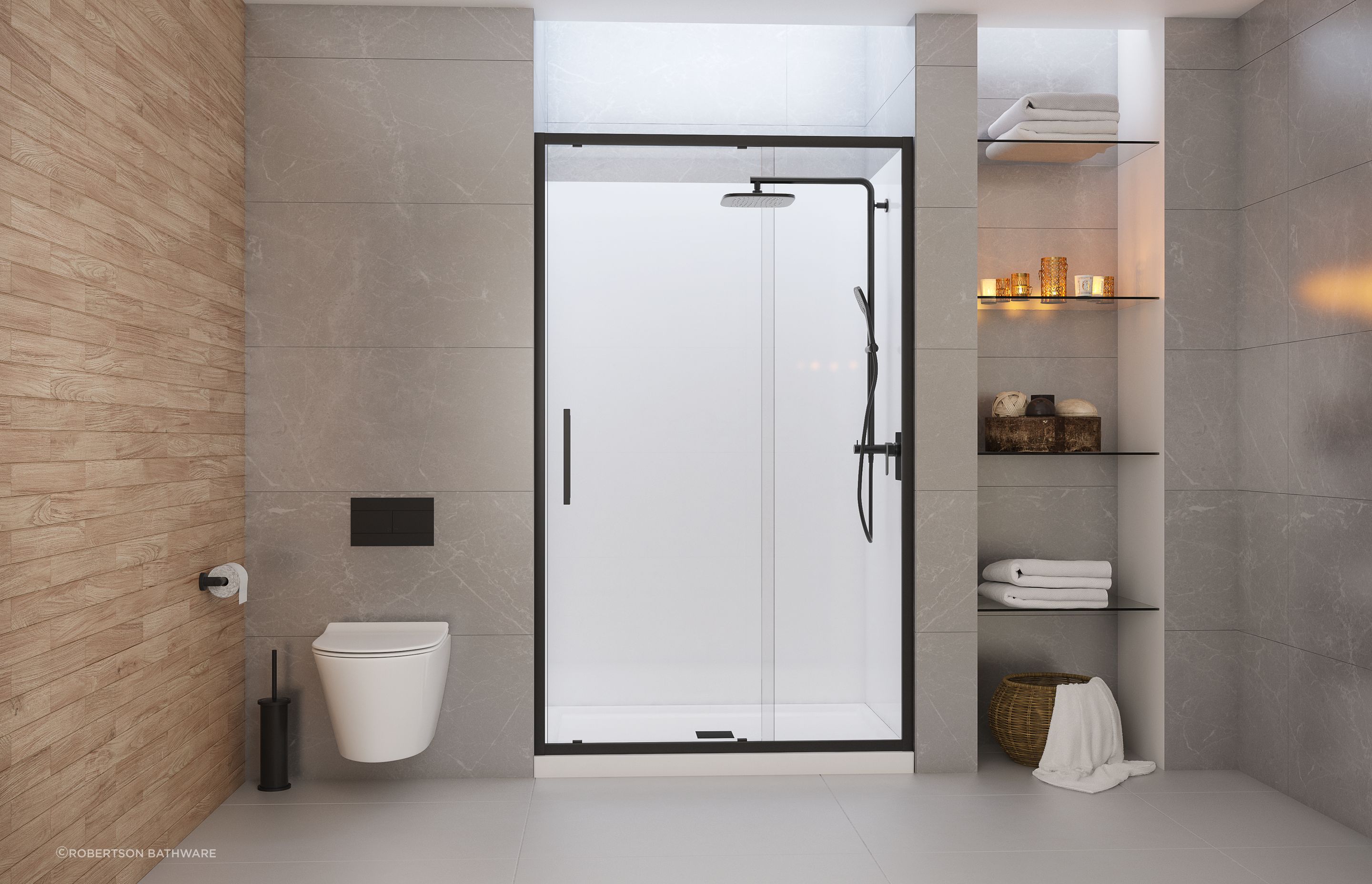 The European minimalist design of Evolve features a smooth flat profile tray, integrated square waste and premium fittings for a luxurious shower experience