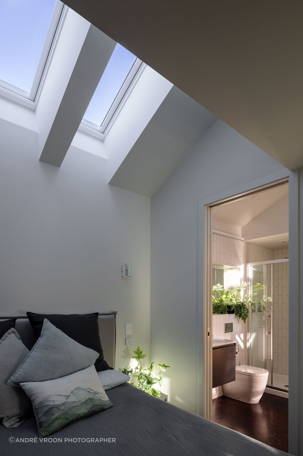 In the ground floor bedroom, skylights allow light in without impacting privacy.