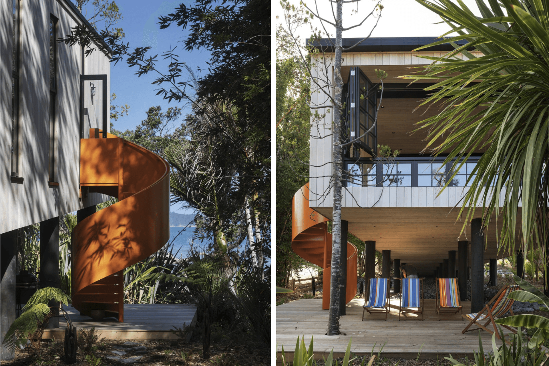 The striking spiral staircase leads to the outdoor living area, sitting amongst the stilts that elevate the house.