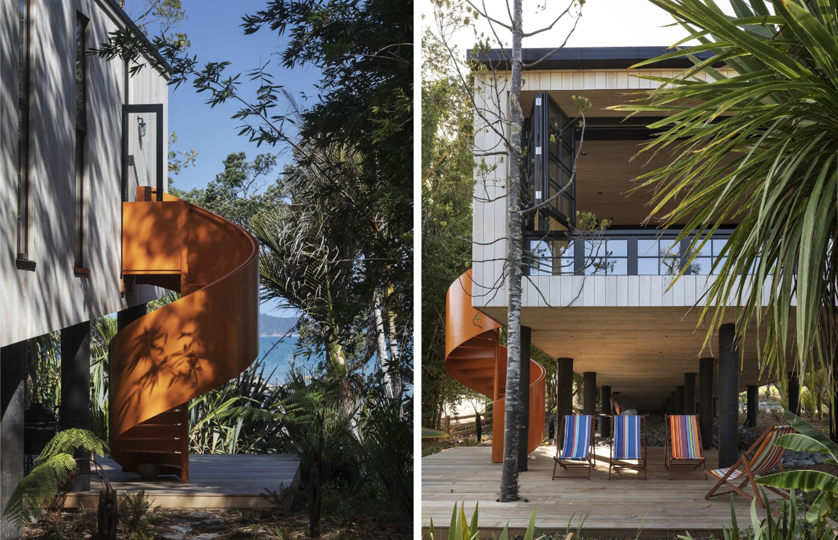 The striking spiral staircase leads to the outdoor living area, sitting amongst the stilts that elevate the house.