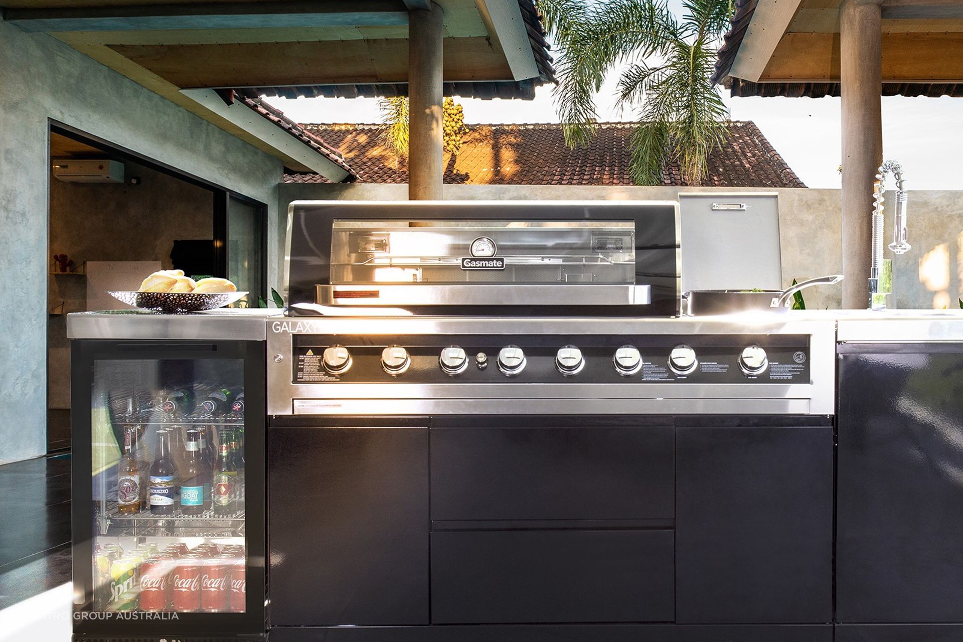 An outdoor fridge like the one featured with the Gasmate Galaxy Black Outdoor Kitchen Package well help keep your drinks chilled on a hot summer's day
