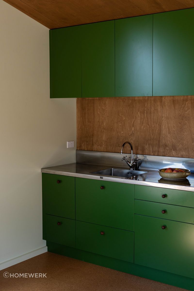 The kitchens are fitted with stainless steel benchtops and mid-century style chrome tapware.