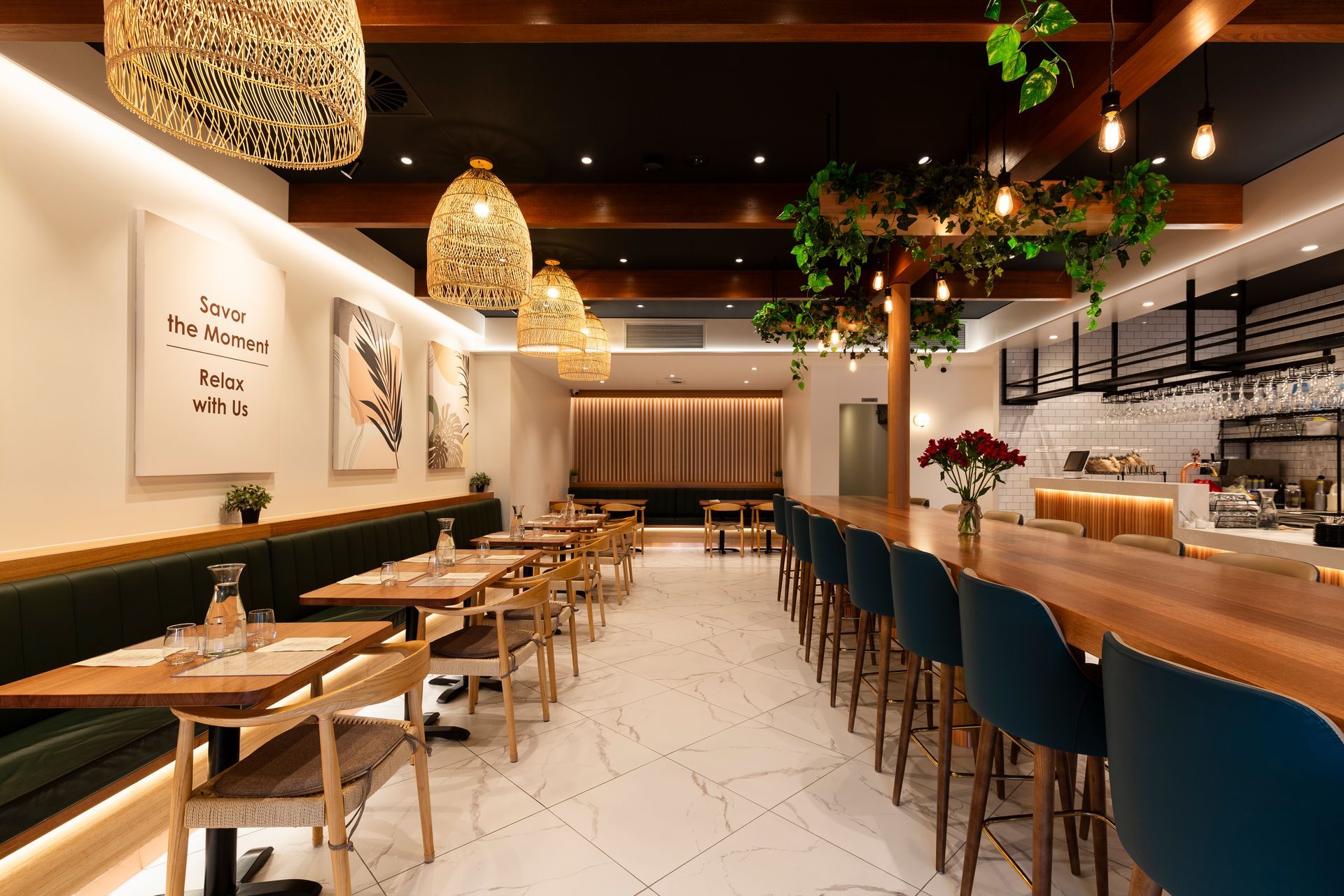 The open-plan dining area includes a variety of different seating styles to give patrons options.