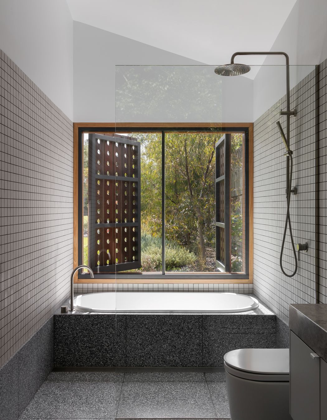 The bathroom has rain screens for extra privacy when needed.