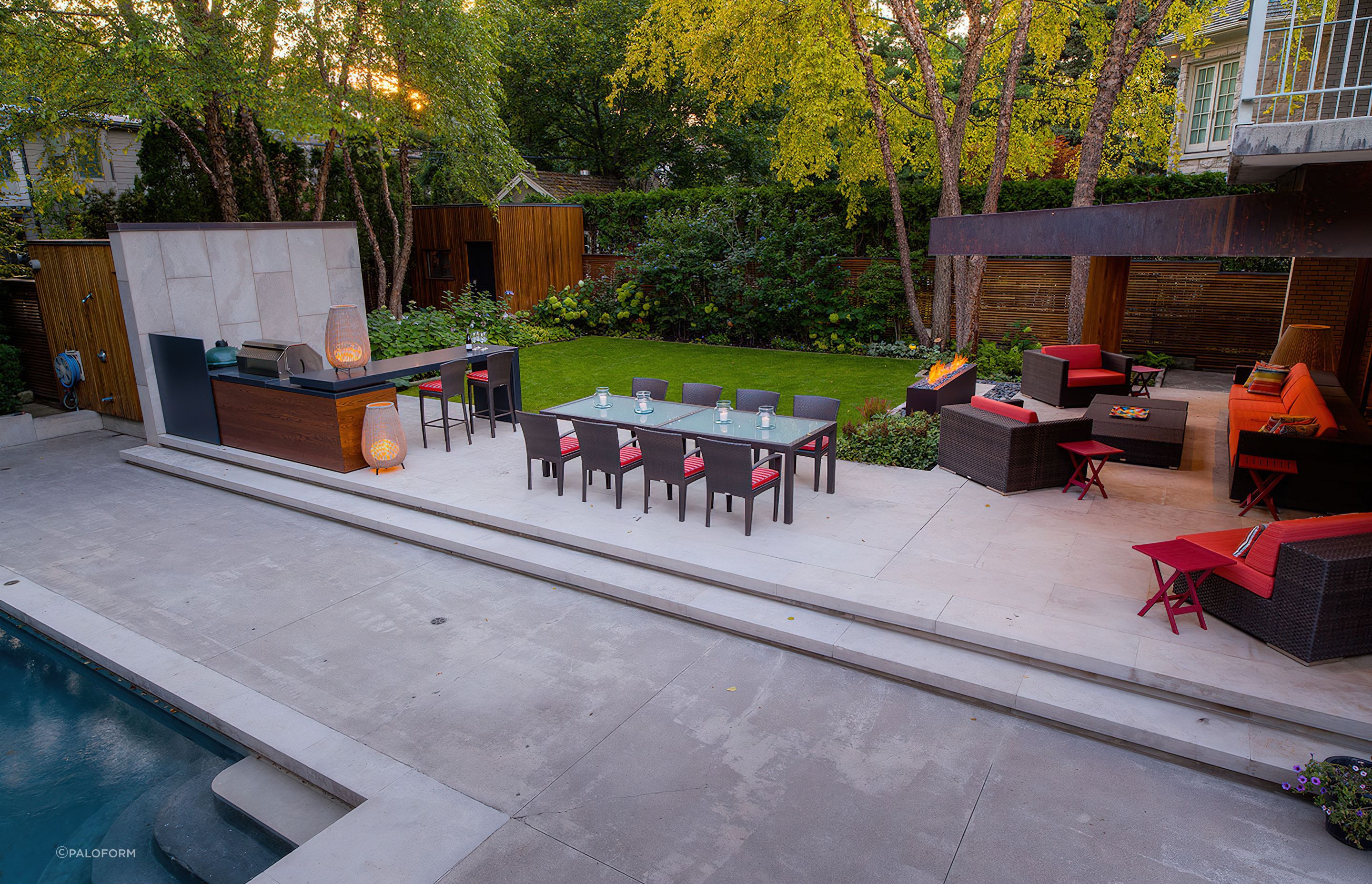 Some great outdoor lighting options here with exquisite table lamps, downlights and a dramatic fire pit