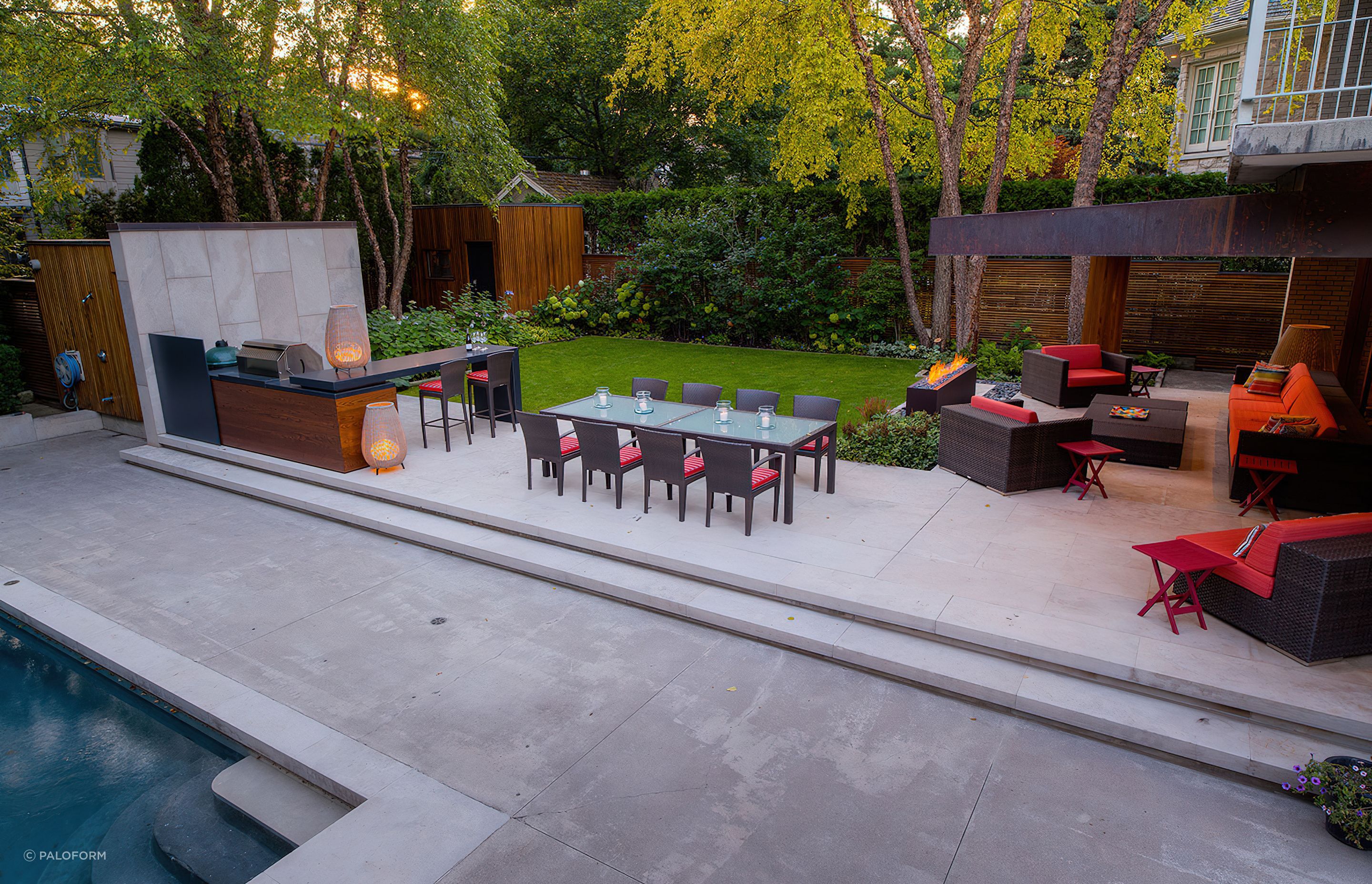Some great outdoor lighting options here with exquisite table lamps, downlights and a dramatic fire pit
