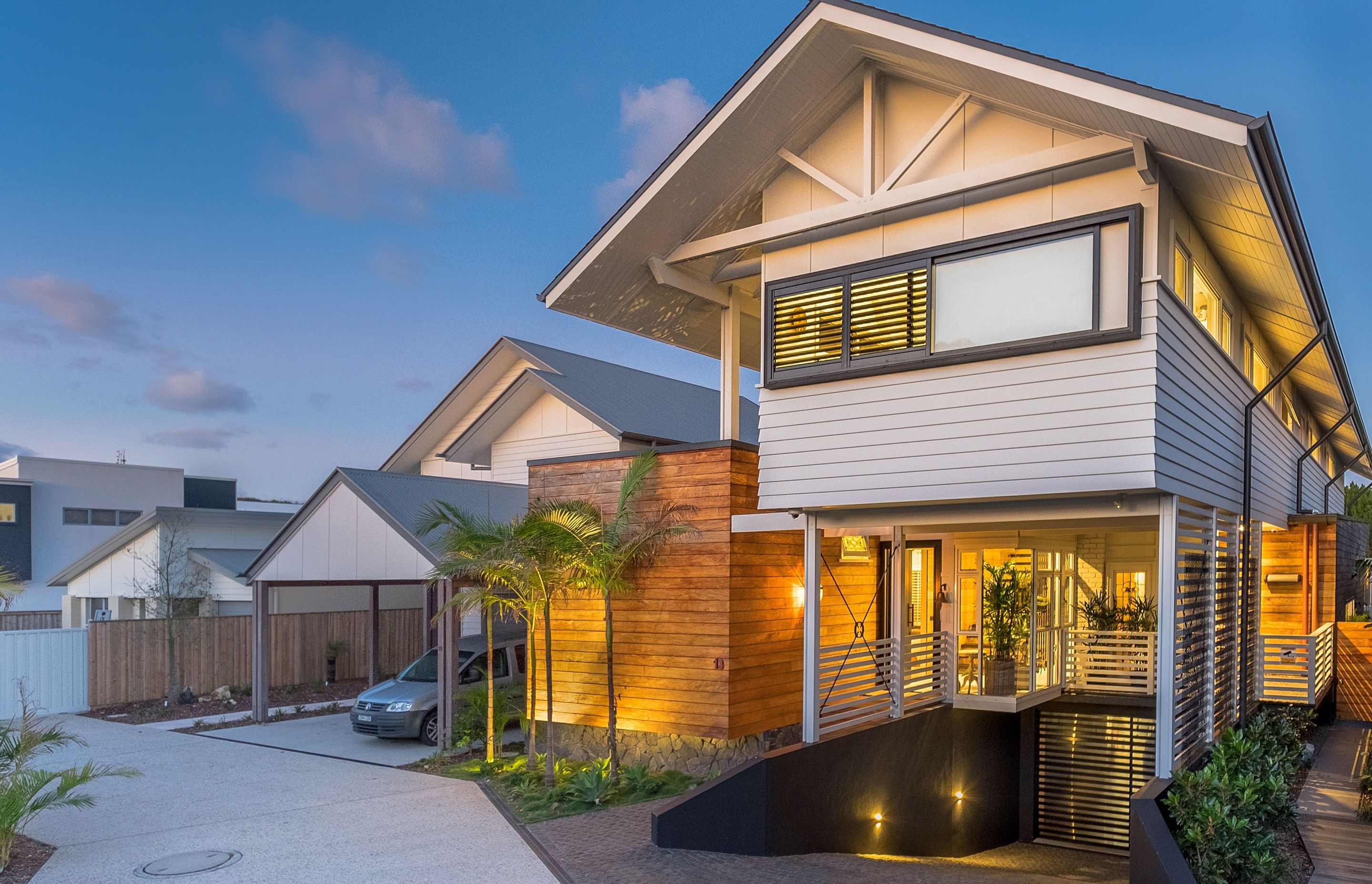  The front of Luke and Amanda's beach house proudly showcases its Hampton-style inspiration right at the entrance. Photography: Andy Macpherson Studio.