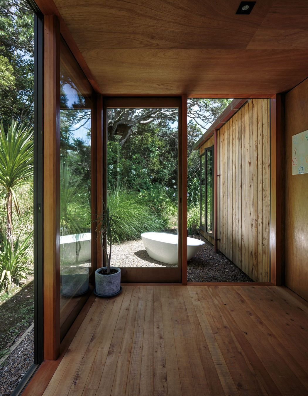 An outside bathing area provides space to relax and unwind in true retreat fashion.