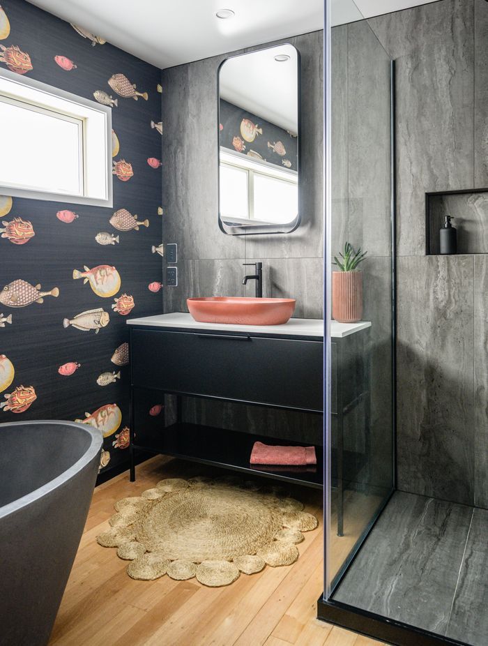 The basin is Concrete Nation Arc in Clay from Plumbline and the tapware is Greens. “It's a New Zealand brand. It's going to be hardy for the kids,” says Sally Lines of Urban Lounge Interiors. Image Jay Drew