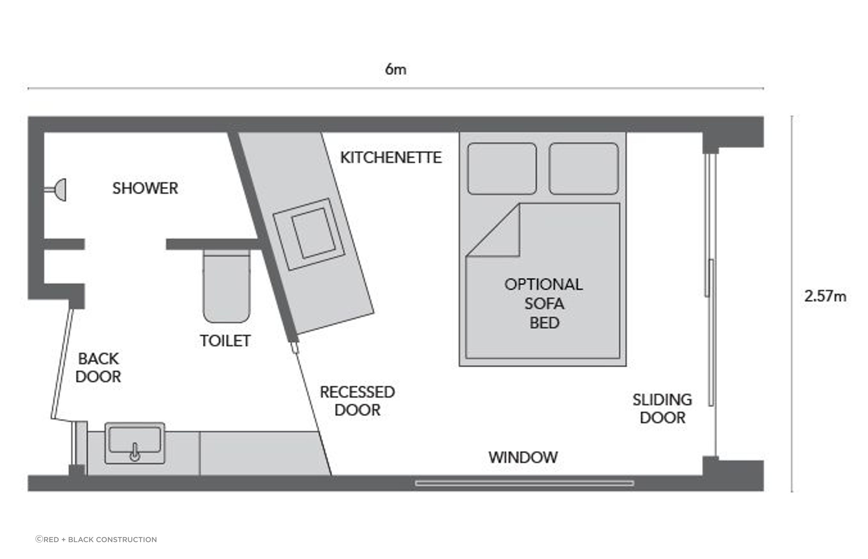 The floorplan for the Nook Tiny Home shows a footprint of just 18 square metres