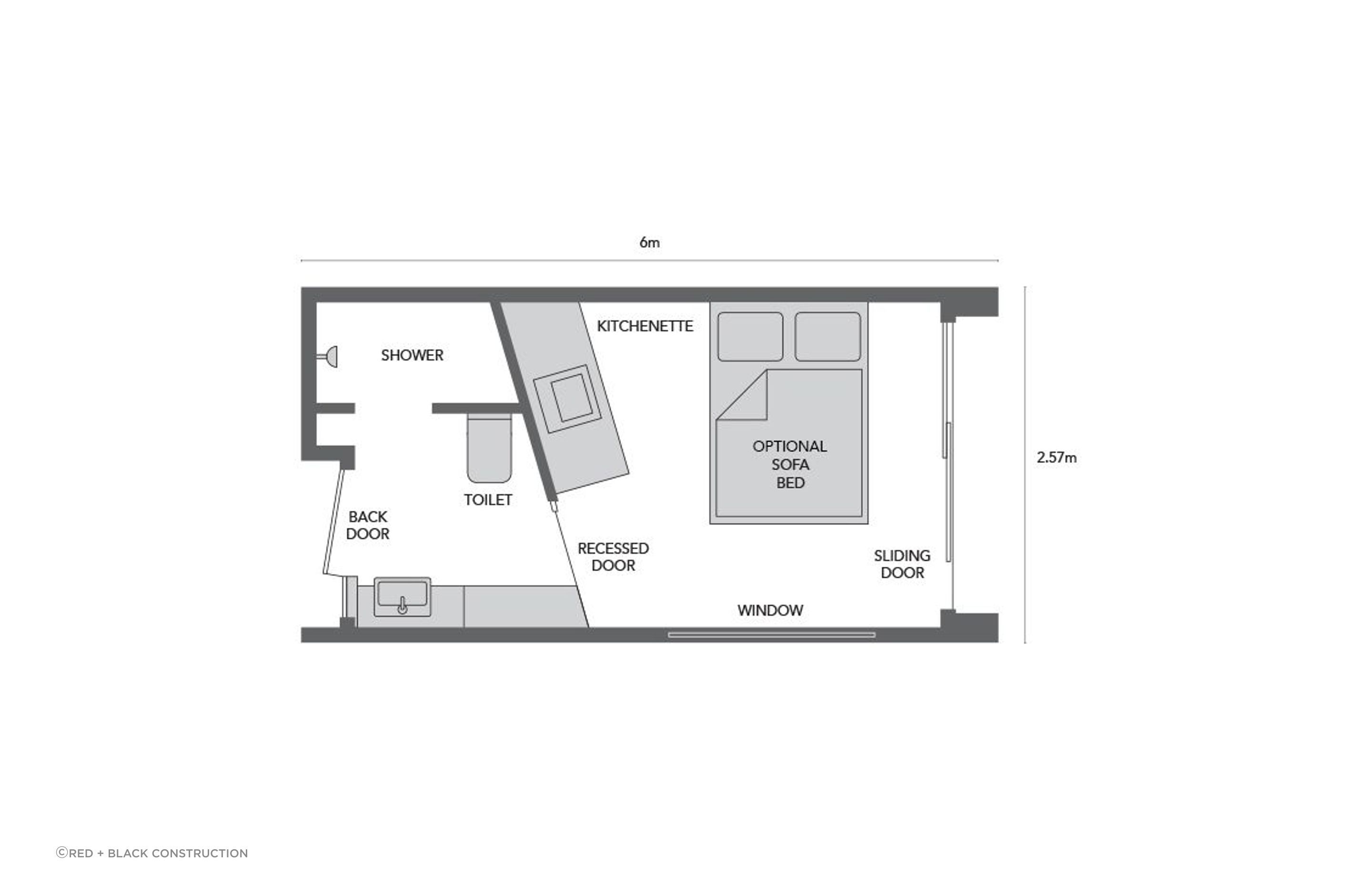 The floorplan for the Nook Tiny Home shows a footprint of just 18 square metres