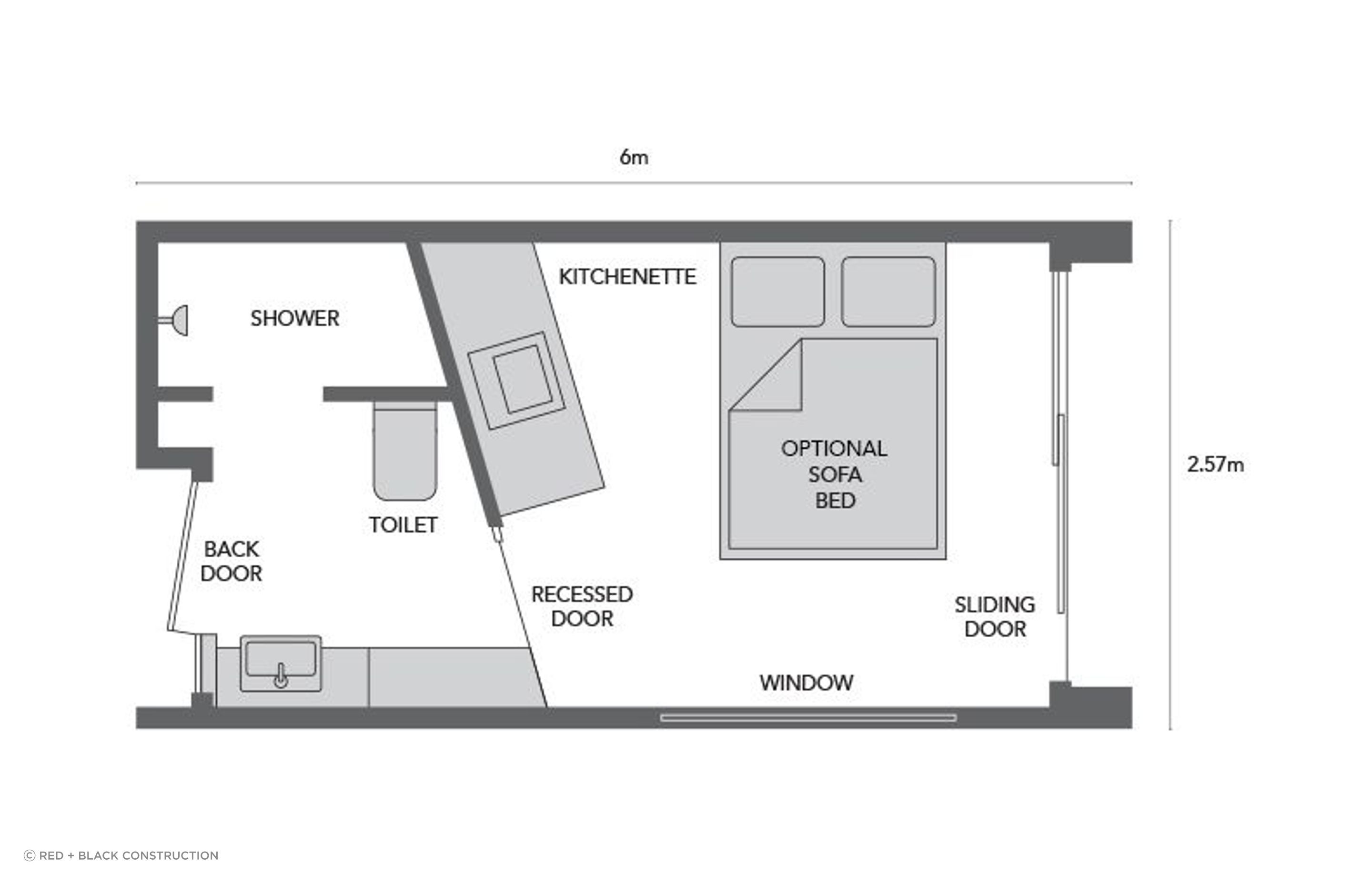 The floorplan for the Nook Tiny Home shows a footprint of just 18 square metres