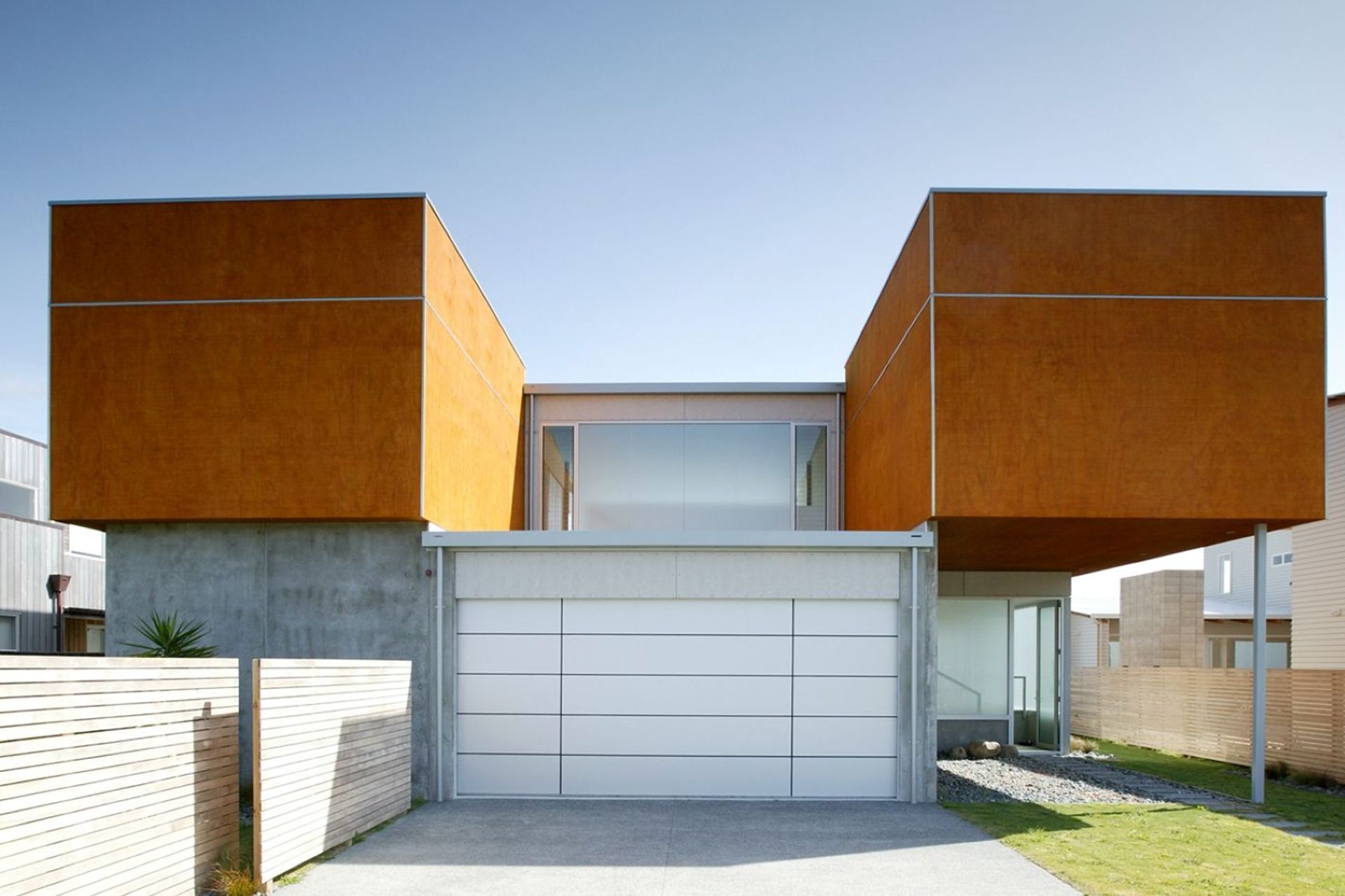 Captivating and unique, the front exterior of the Omaha Beach Holiday House.