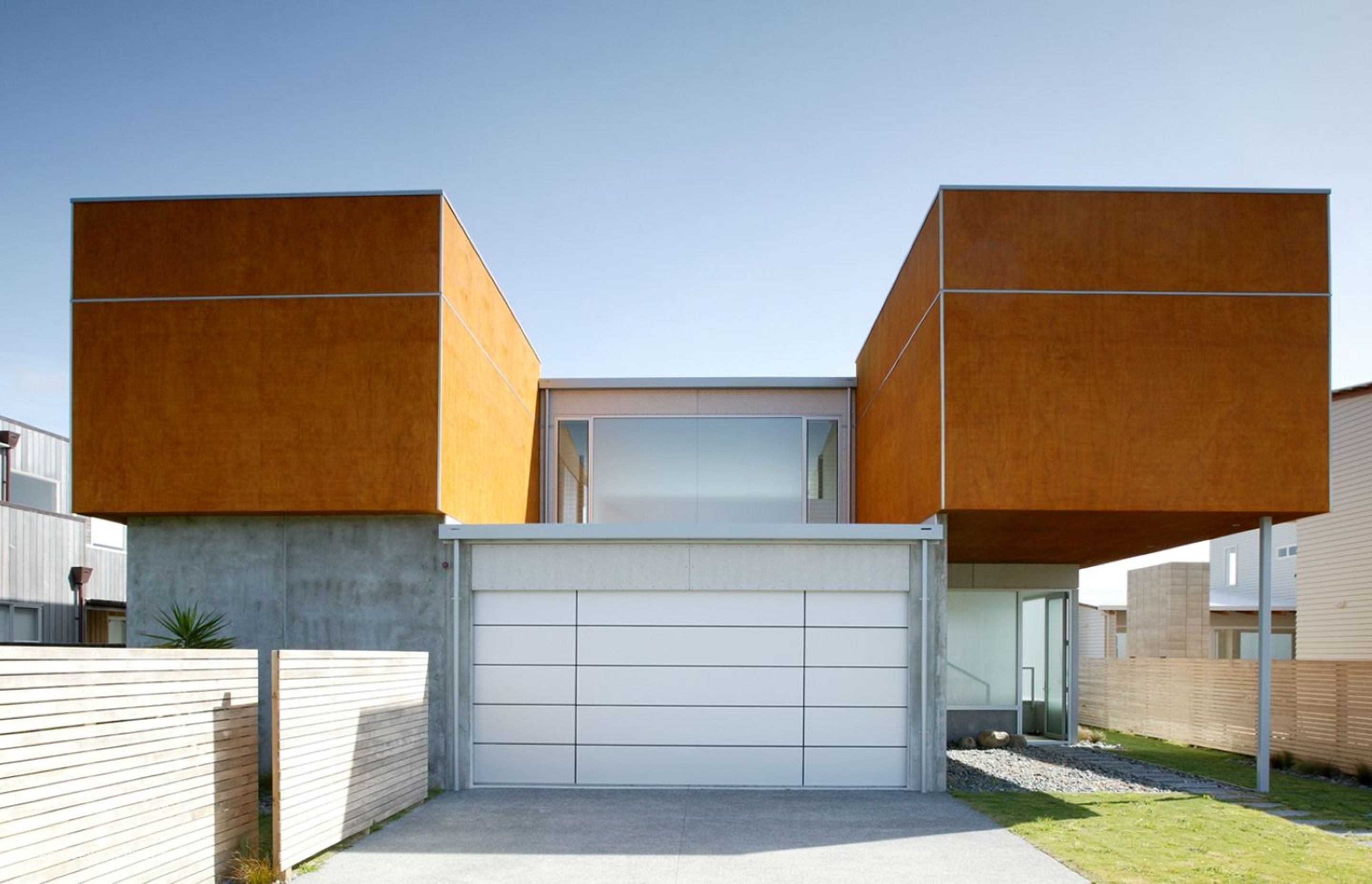 Captivating and unique, the front exterior of the Omaha Beach Holiday House.