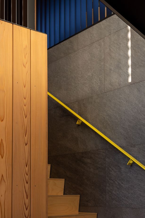 Pops of yellow are dotted around the interior spaces.