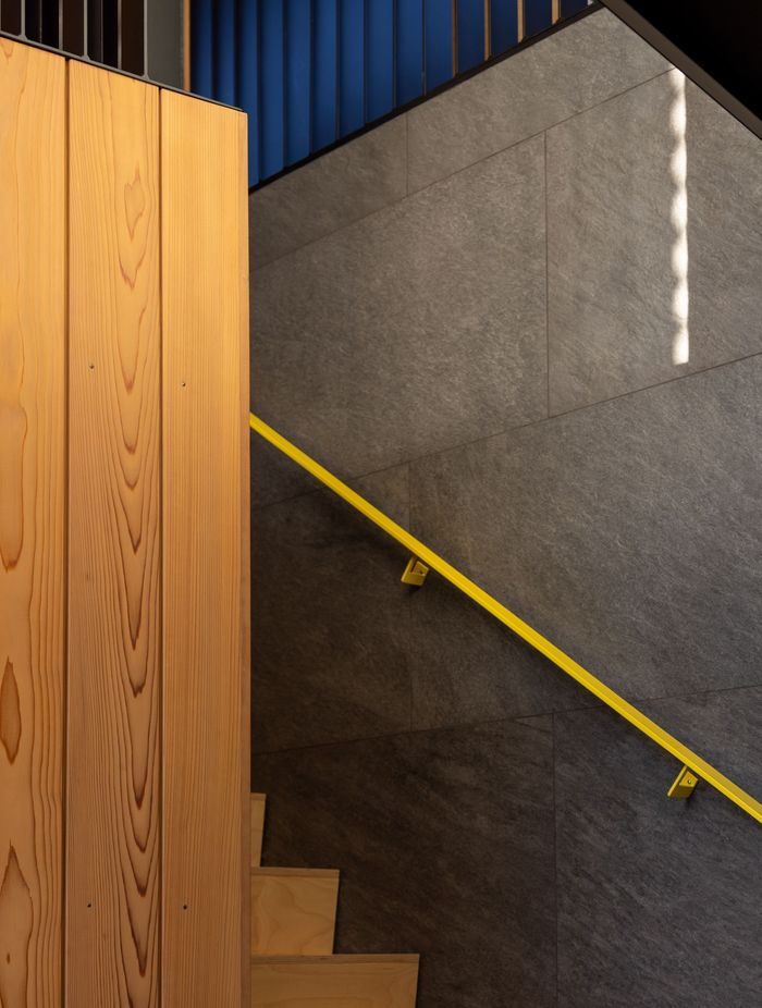 Pops of yellow are dotted around the interior spaces.