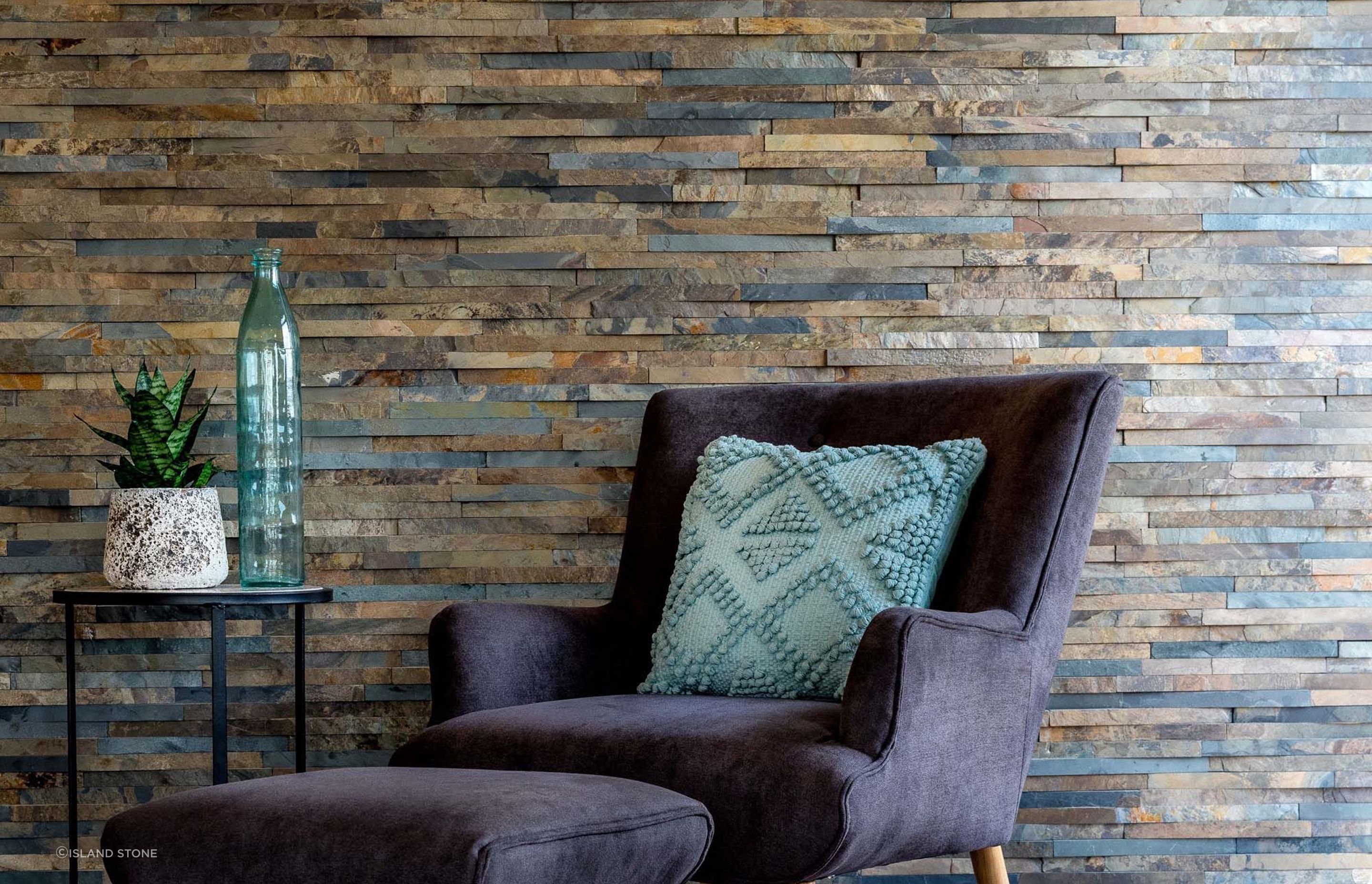 Narrow pieces of wedge-shaped stone are mesh-backed in an offset wave pattern for a great aesthetic with Rustic Cladding.