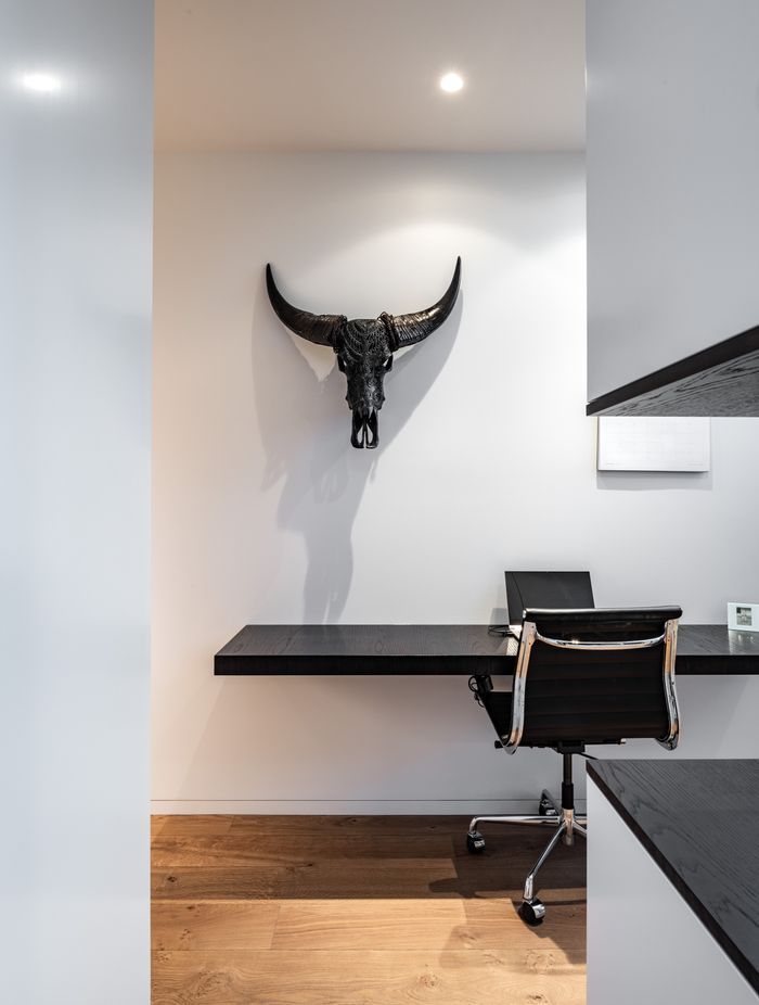 The study nook is tucked behind the kitchen/dining area joinery, next to the scullery and laundry. It also has a view to the back garden.