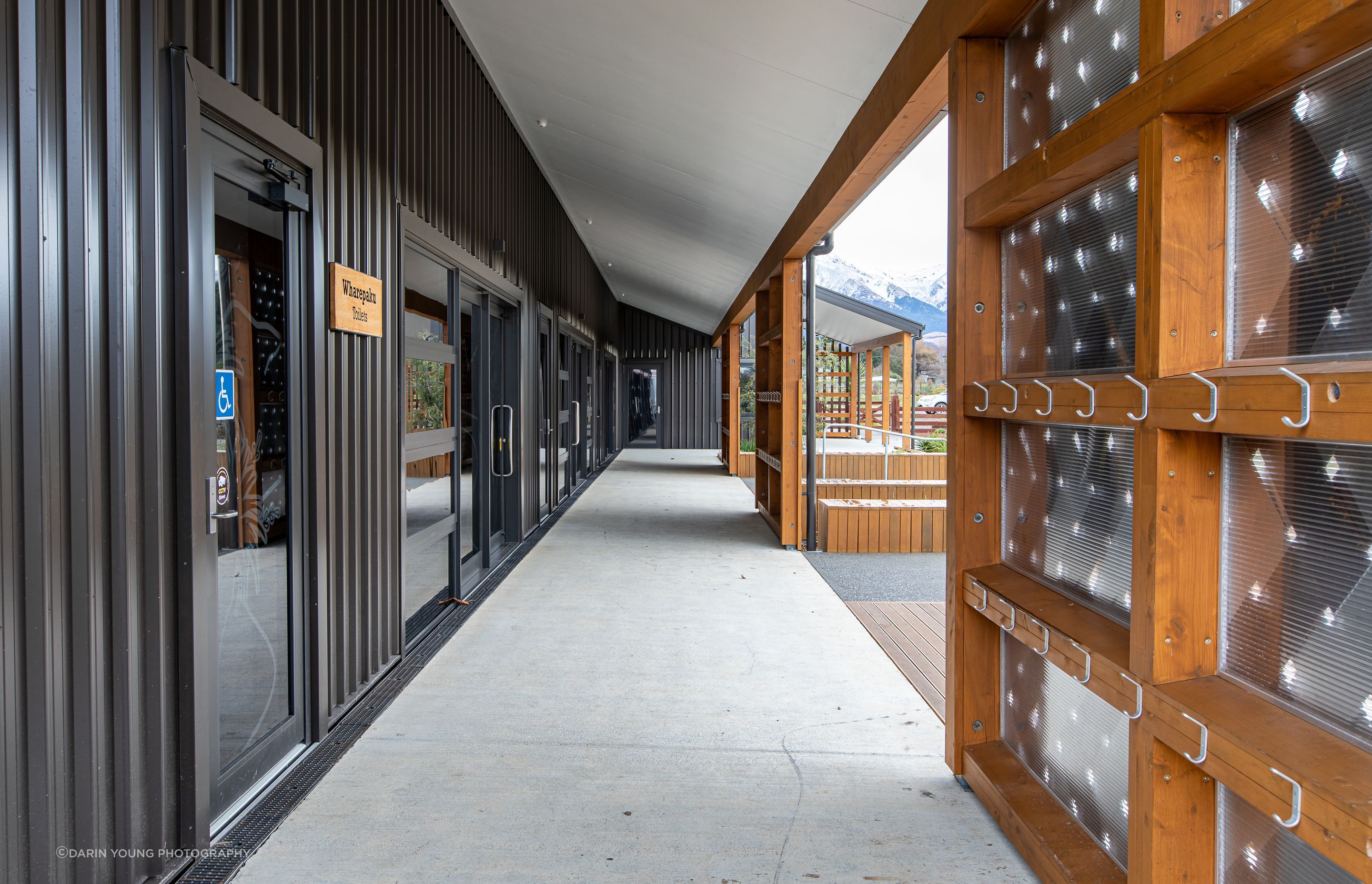 The internal side of the rain screens serves a bag and sheltered area for the students.
