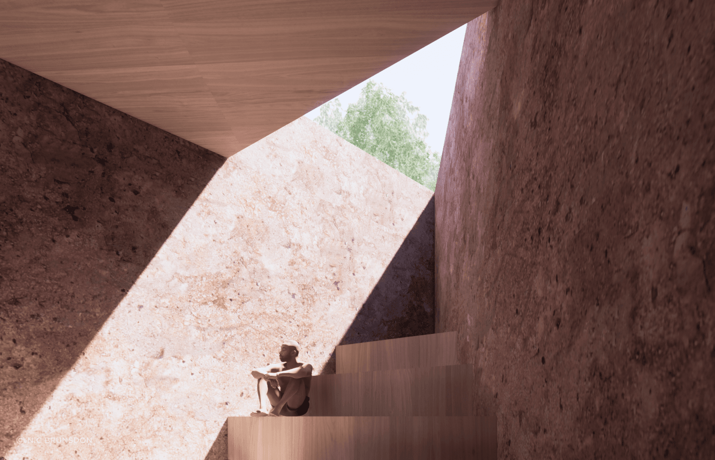 Sauna canyon in natural timber and bush-hammered Pilbara red stone.