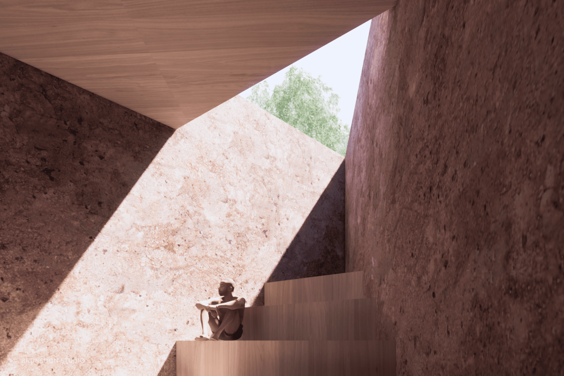 Sauna canyon in natural timber and bush-hammered Pilbara red stone.