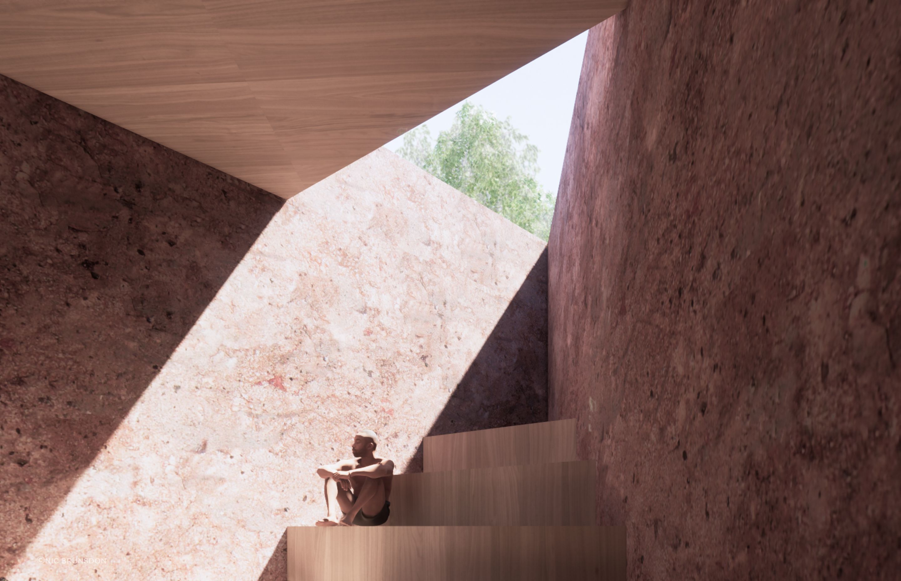 Sauna canyon in natural timber and bush-hammered Pilbara red stone.