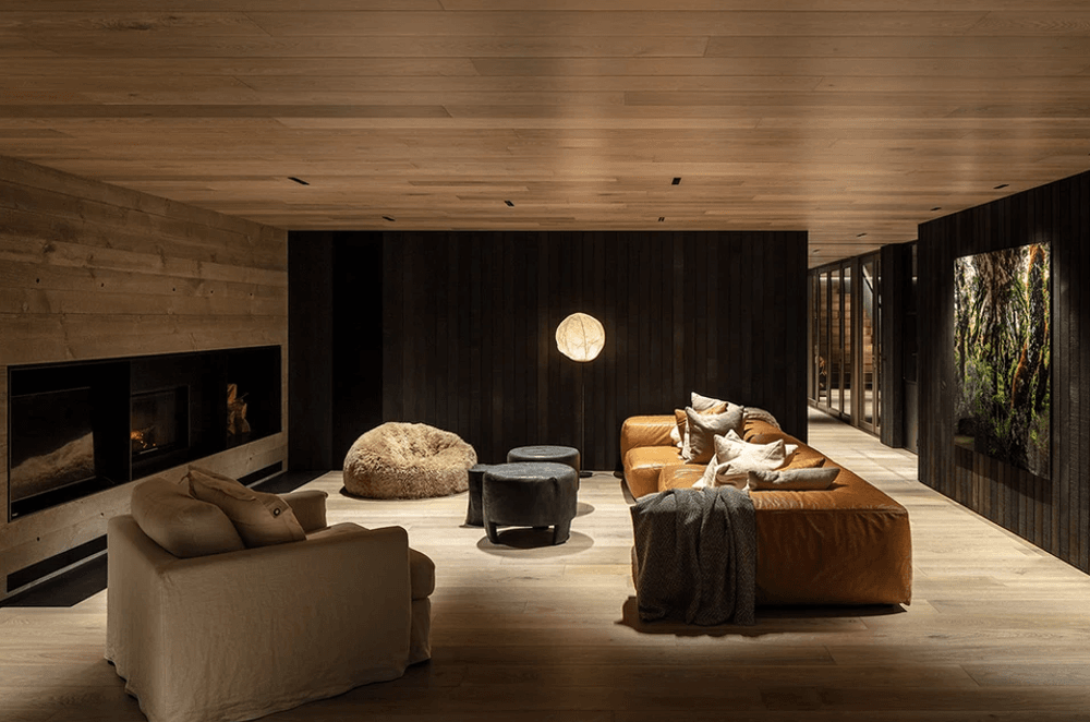 The living area floors and ceilings are by Forté Flooring. Fiona designed the sofa and it had it made, and the bean bag is Wilson & Dorset.