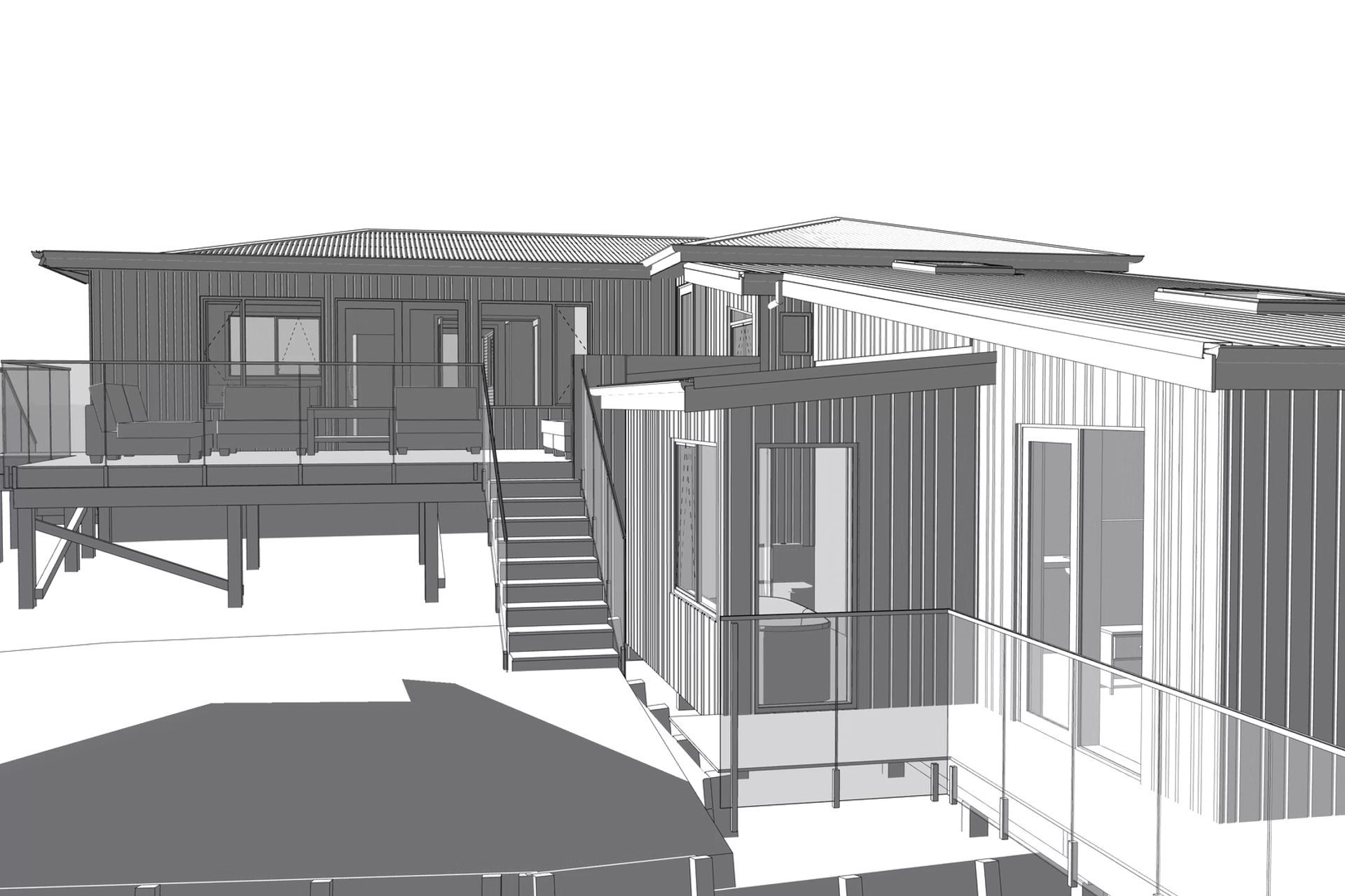 The BIM render of the existing house with the new extension at the right front.