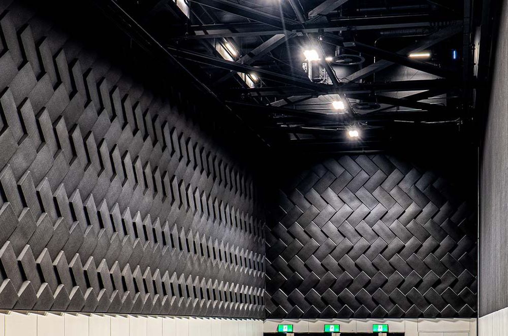 The Autex Acoustics panels, customised to form a weave resembling that of a traditional kete.