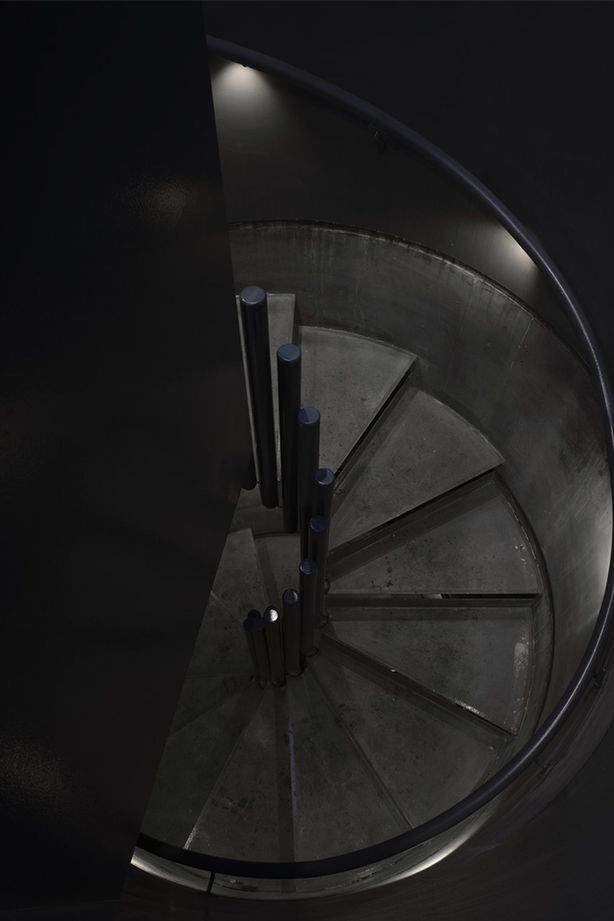 The tower’s spiral staircase, protected by the circular precast concrete.