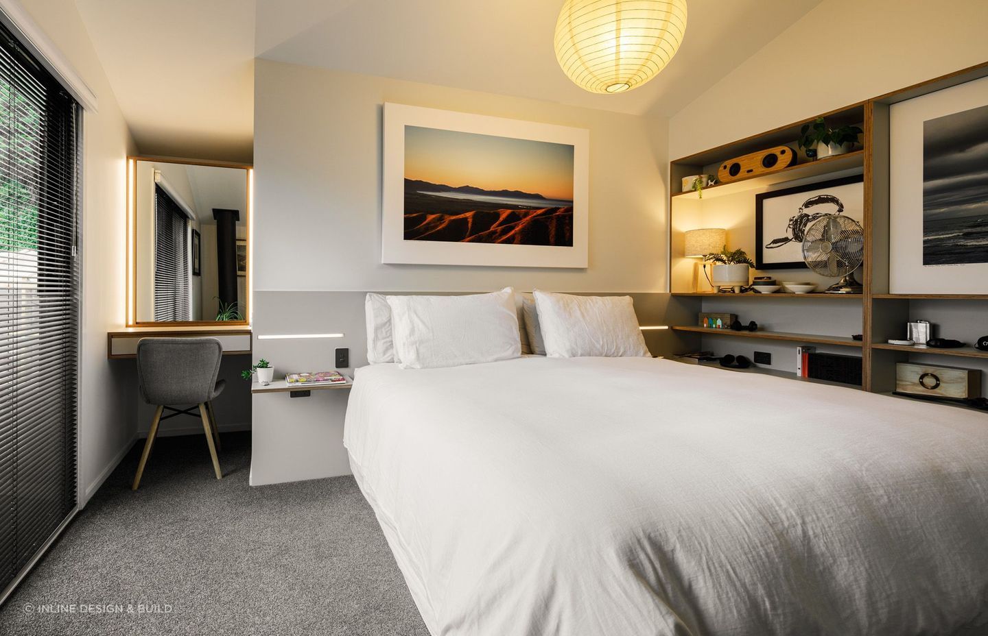 Sleeping in style with great details like linear bedside lighting and a vanity mirror nook