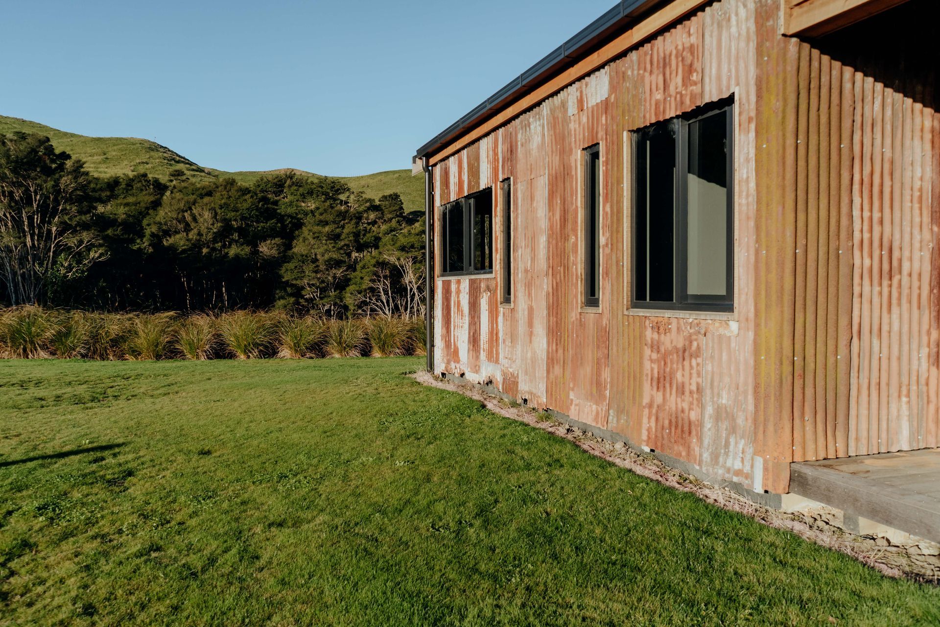 A close up of the recycled corrugated iron cladding.