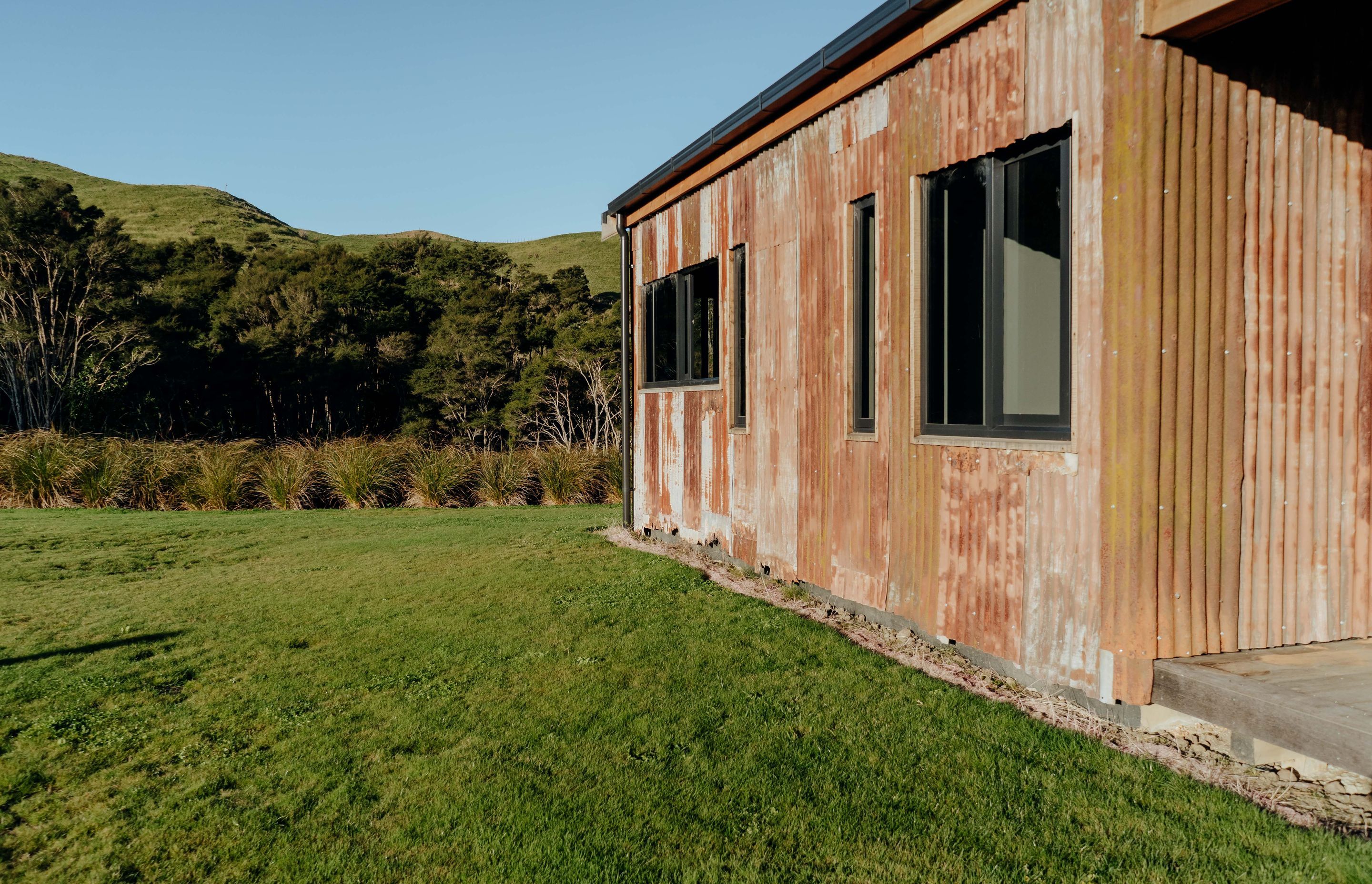 A close up of the recycled corrugated iron cladding.