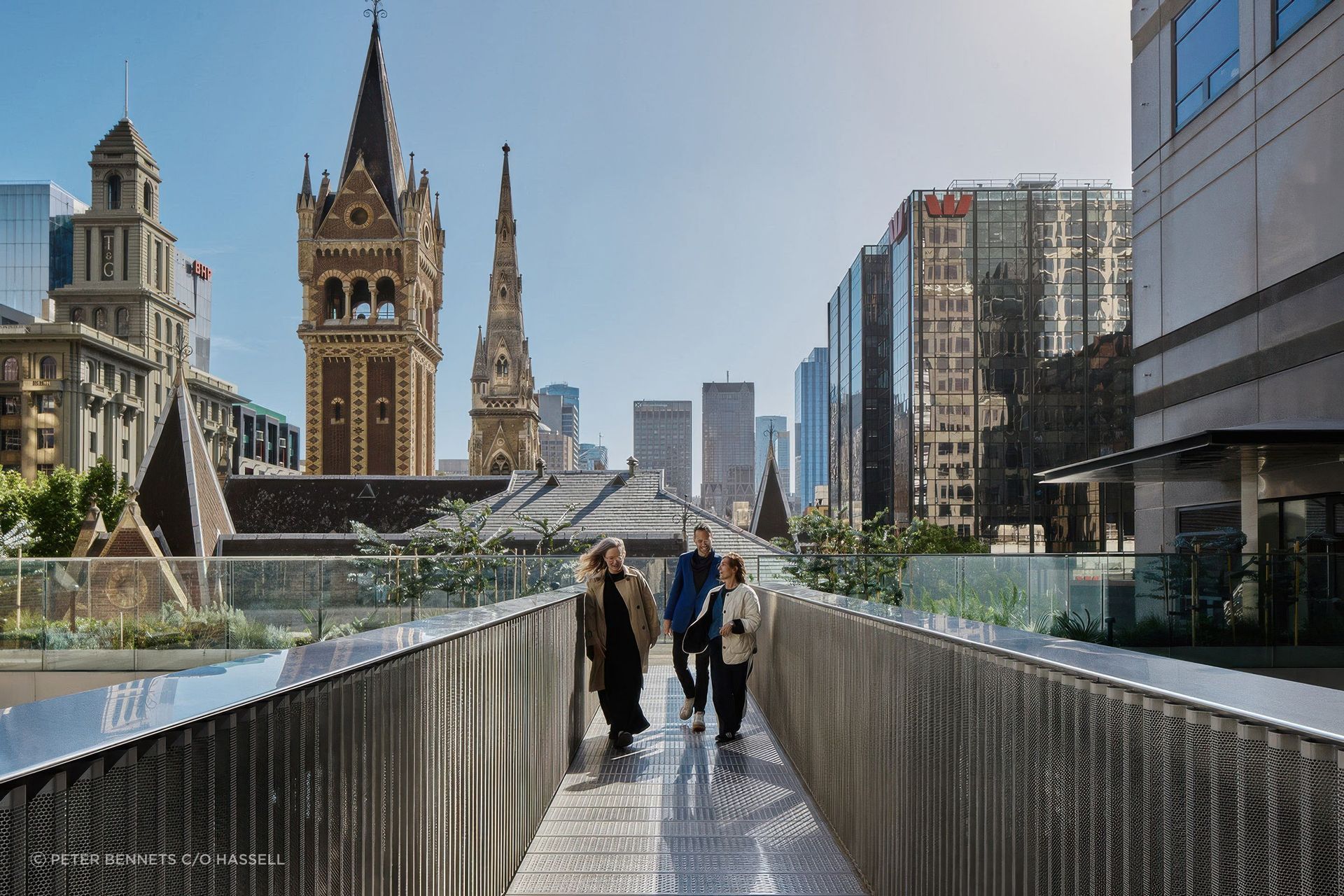 Opening up the foyer to the rooftop allows natural light to make its way deep into the building, while providing views over Melbourne.