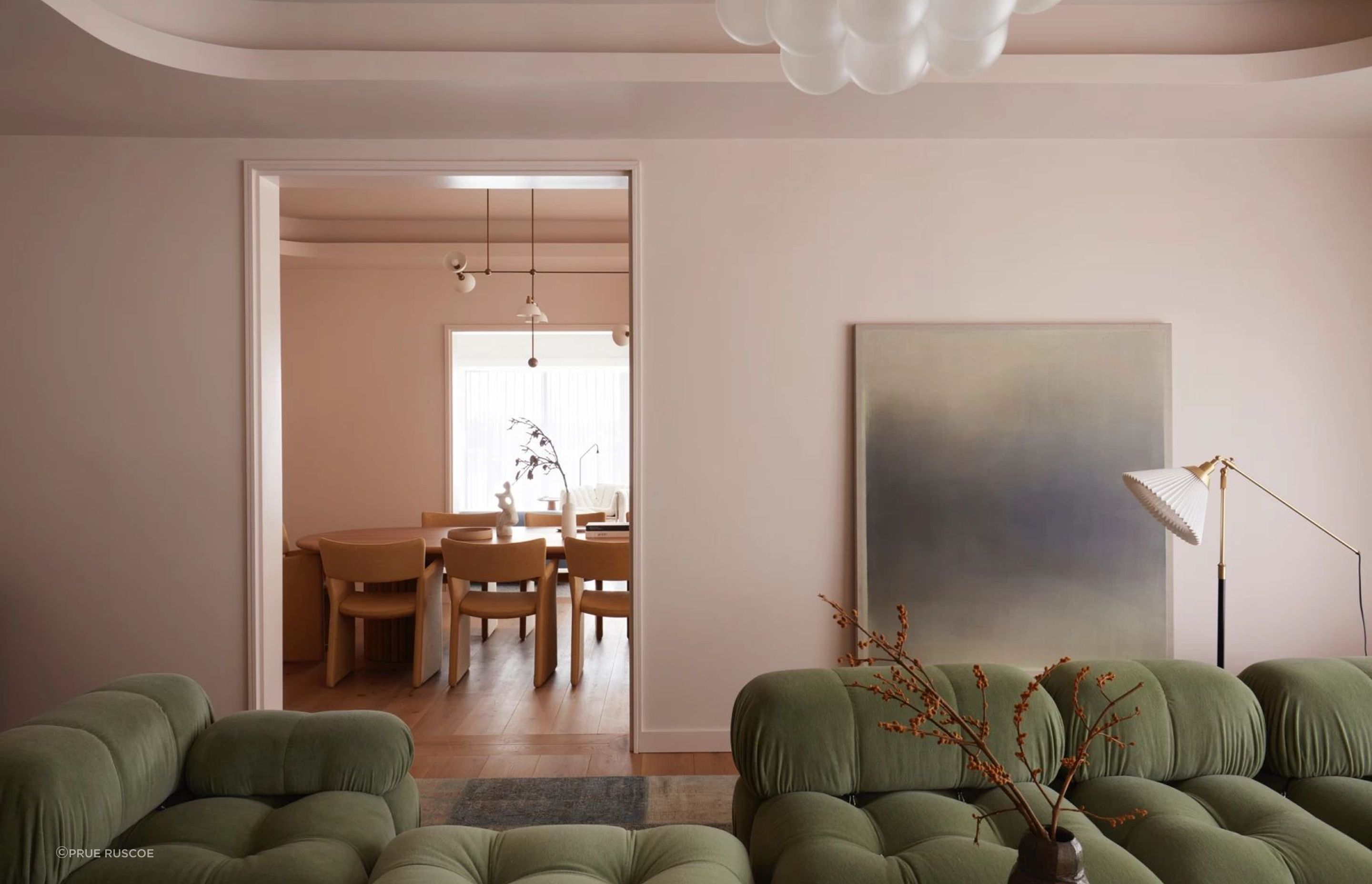 The formal lounge takes cues from the 1980s.
