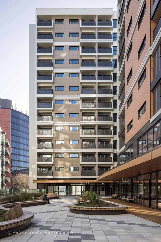 The northern courtyard at Te Mātāwai accessed from the lobby for Wainui and Waiora and designed to include gifted narrative and Tukutuku artwork.