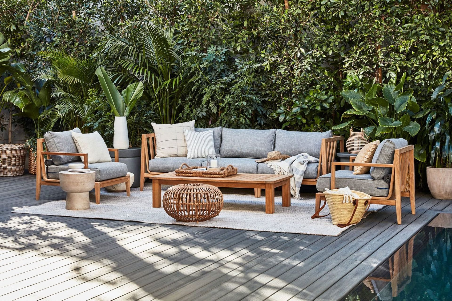 Outer’s modular A-Grade teak outdoor patio furniture is effortlessly inviting with its supremely comfortable memory foam cushions
