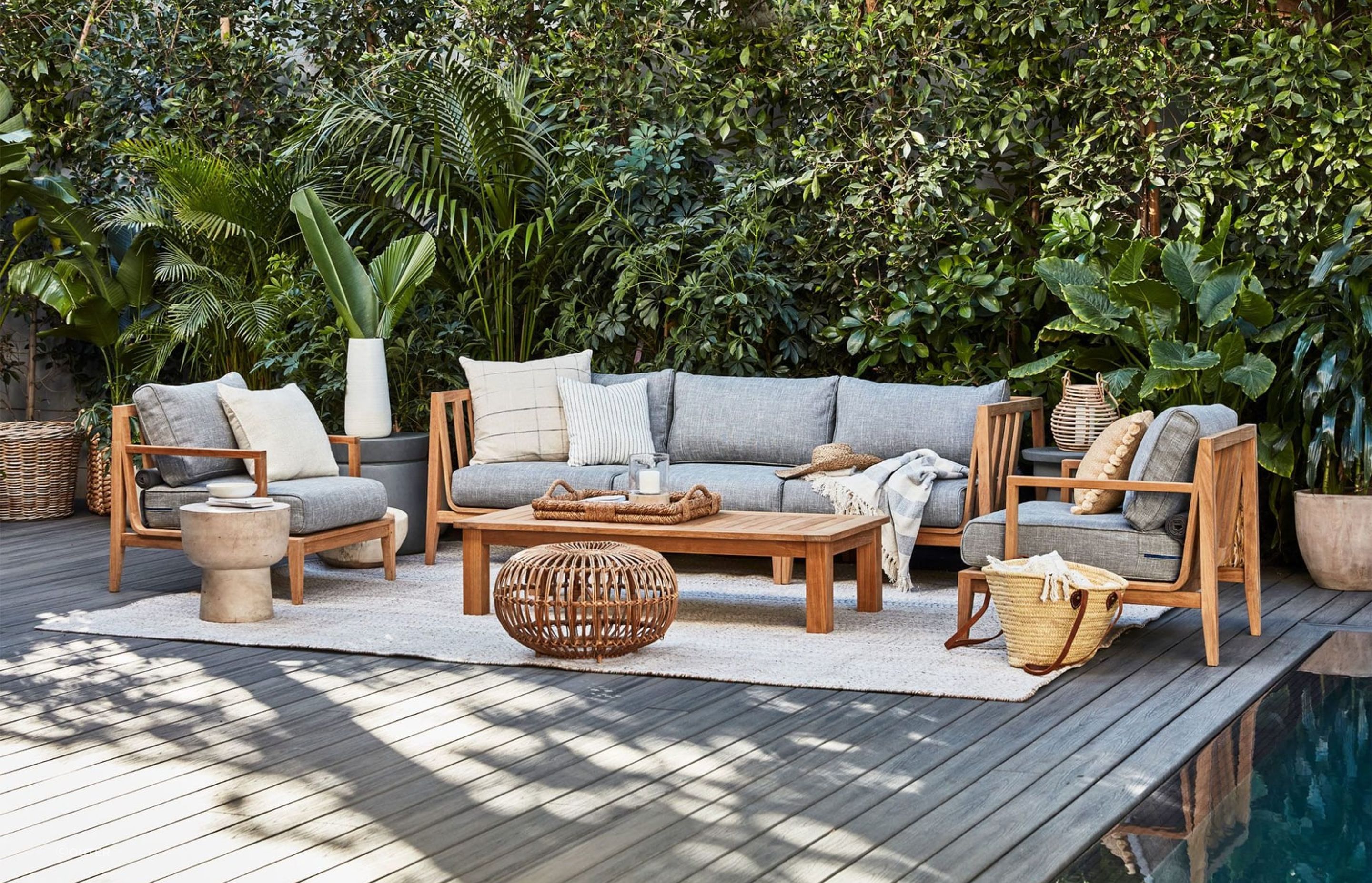 Outer’s modular A-Grade teak outdoor patio furniture is effortlessly inviting with its supremely comfortable memory foam cushions