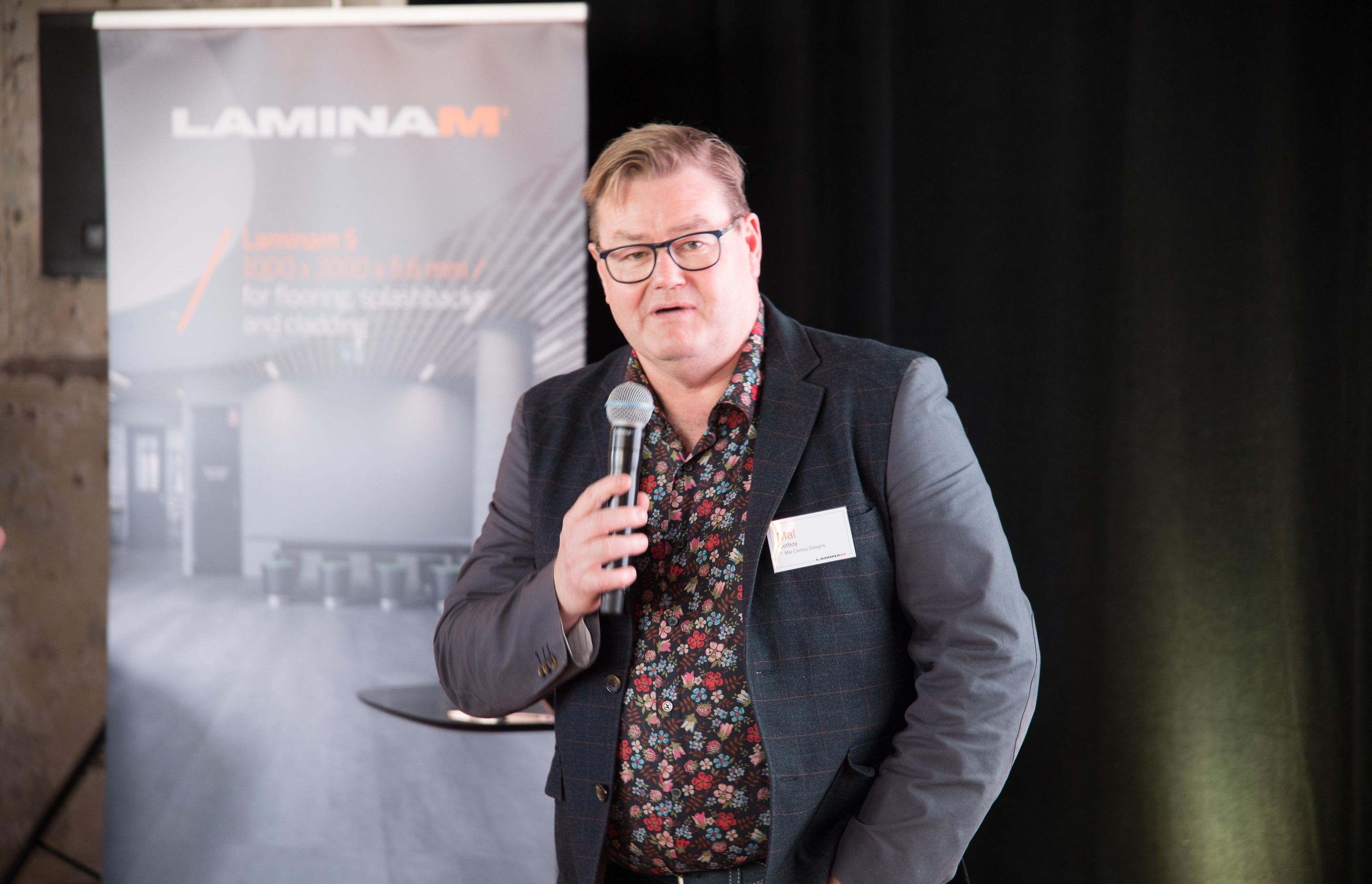 Mal Corboy speaking at the Laminam XL range launch.