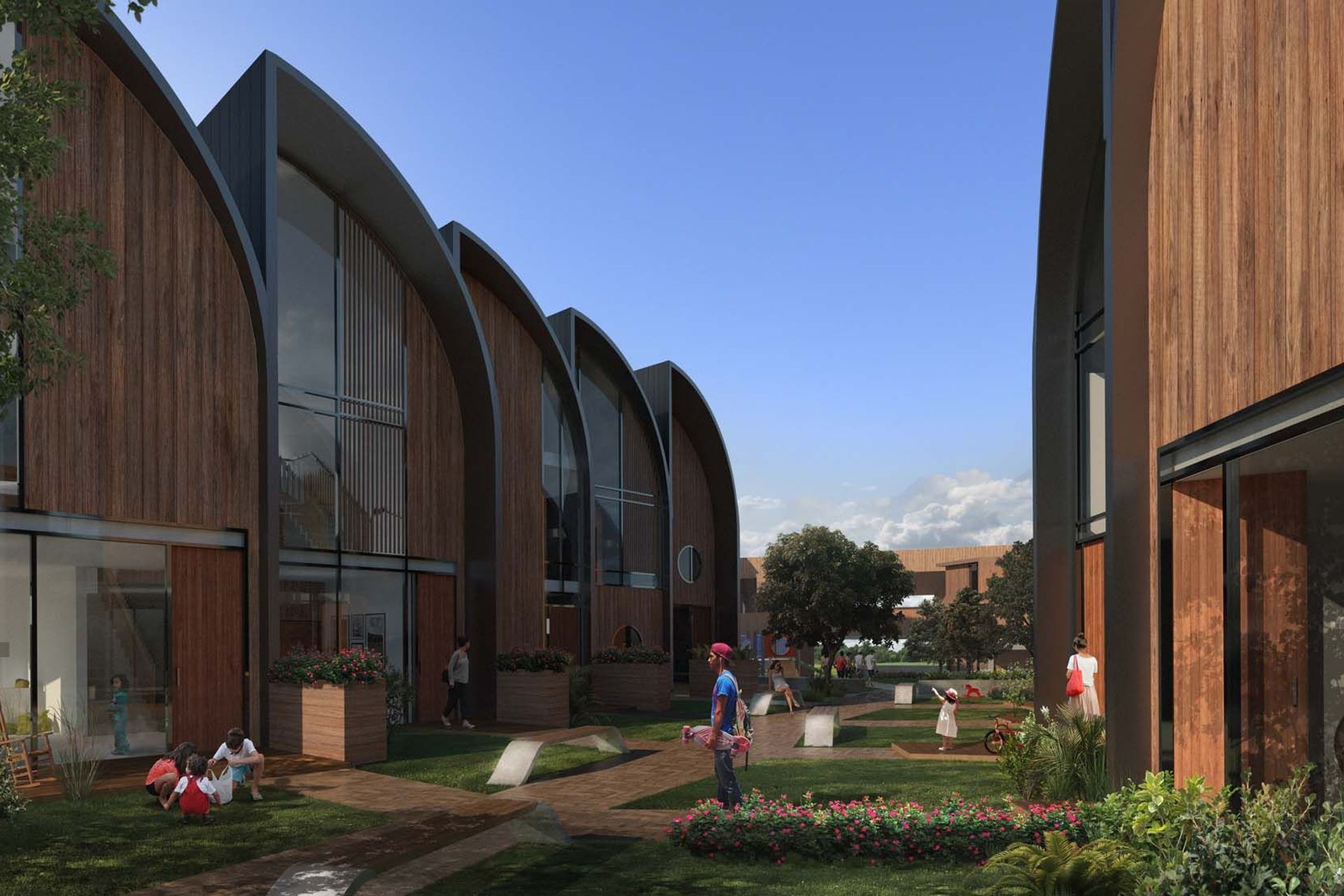 The internal street view of TOA Architects' housing concept for Kāingā hou iti, or low-density inter-generational living. Image: TOA Architects.