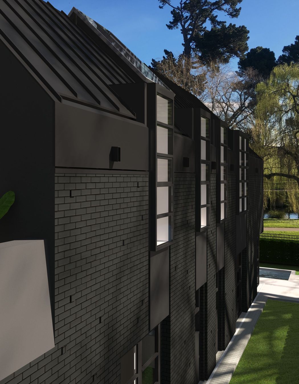 Render of Park Terrace, with a striking Flemish bond black brick façade.