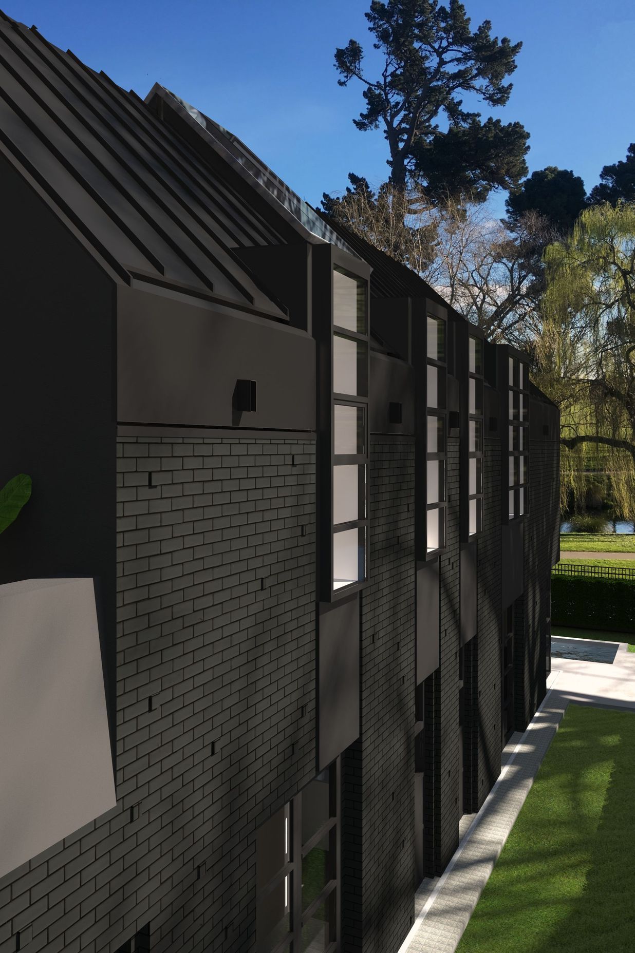 Render of Park Terrace, with a striking Flemish bond black brick façade.